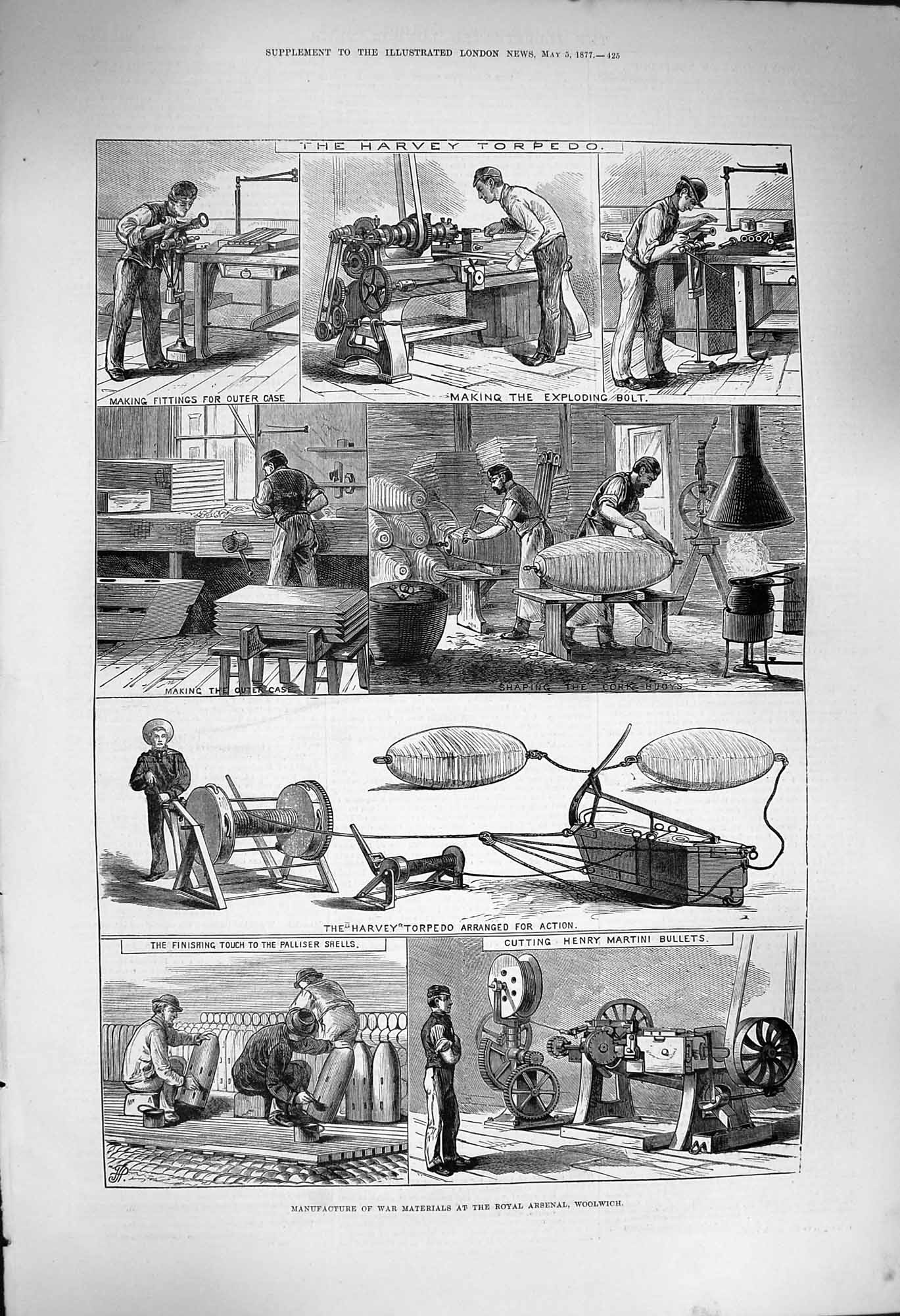 Original Old Antique Print 1877 Manufacture War Materials Arsenal Woolwich 19th