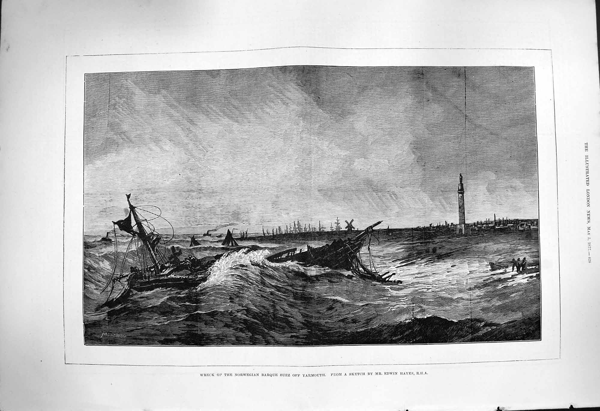 Original Old Antique Print 1877 Ship Wreck Norwegian Barque Suez Yarmouth Boats