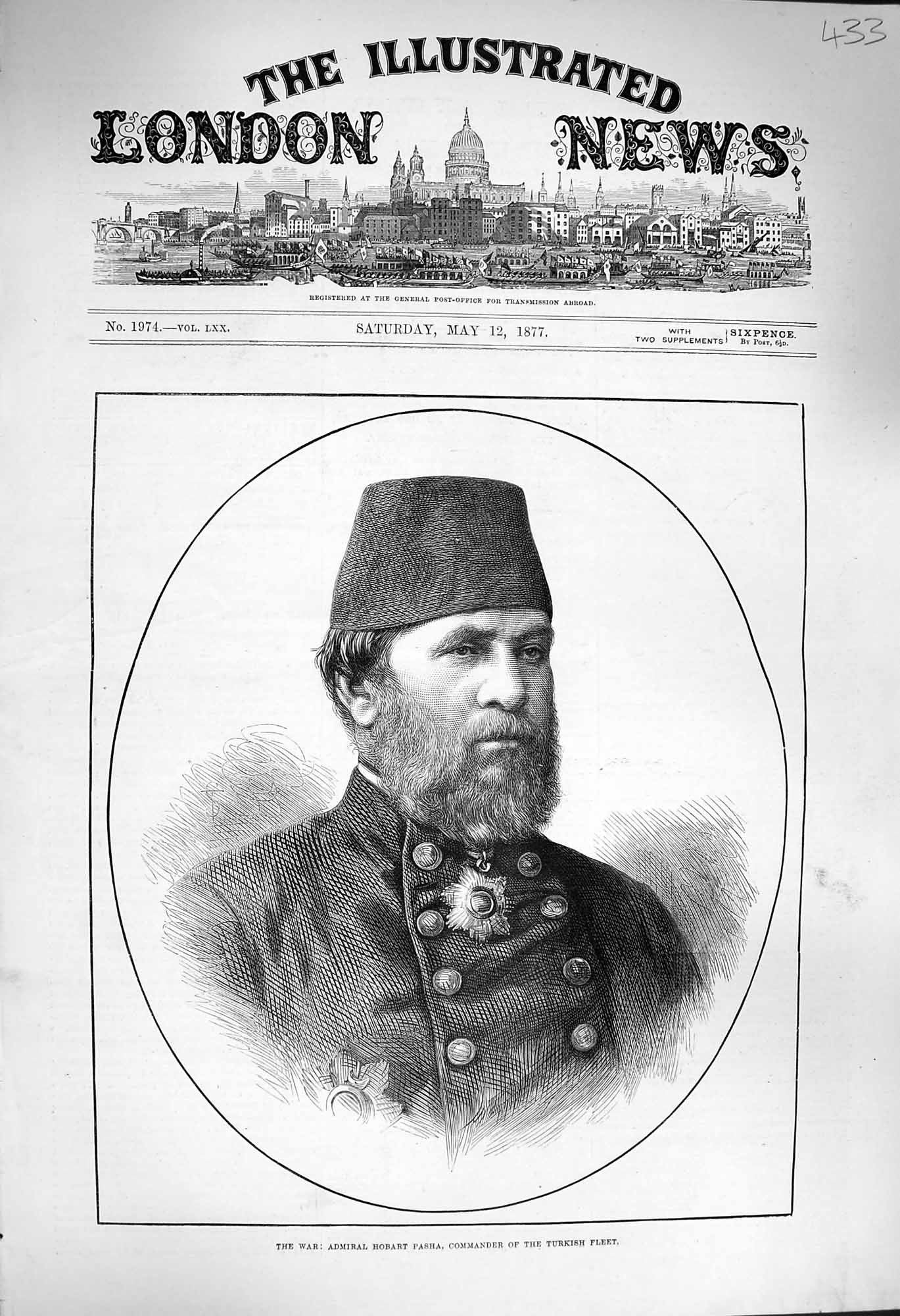Antique Old Print *4012 1877 War Admiral Hobart Pasha Commander Turkish Fleet