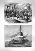 Original Old Antique Print 1877 War Railway Station Rutschuk Ship Thunderer