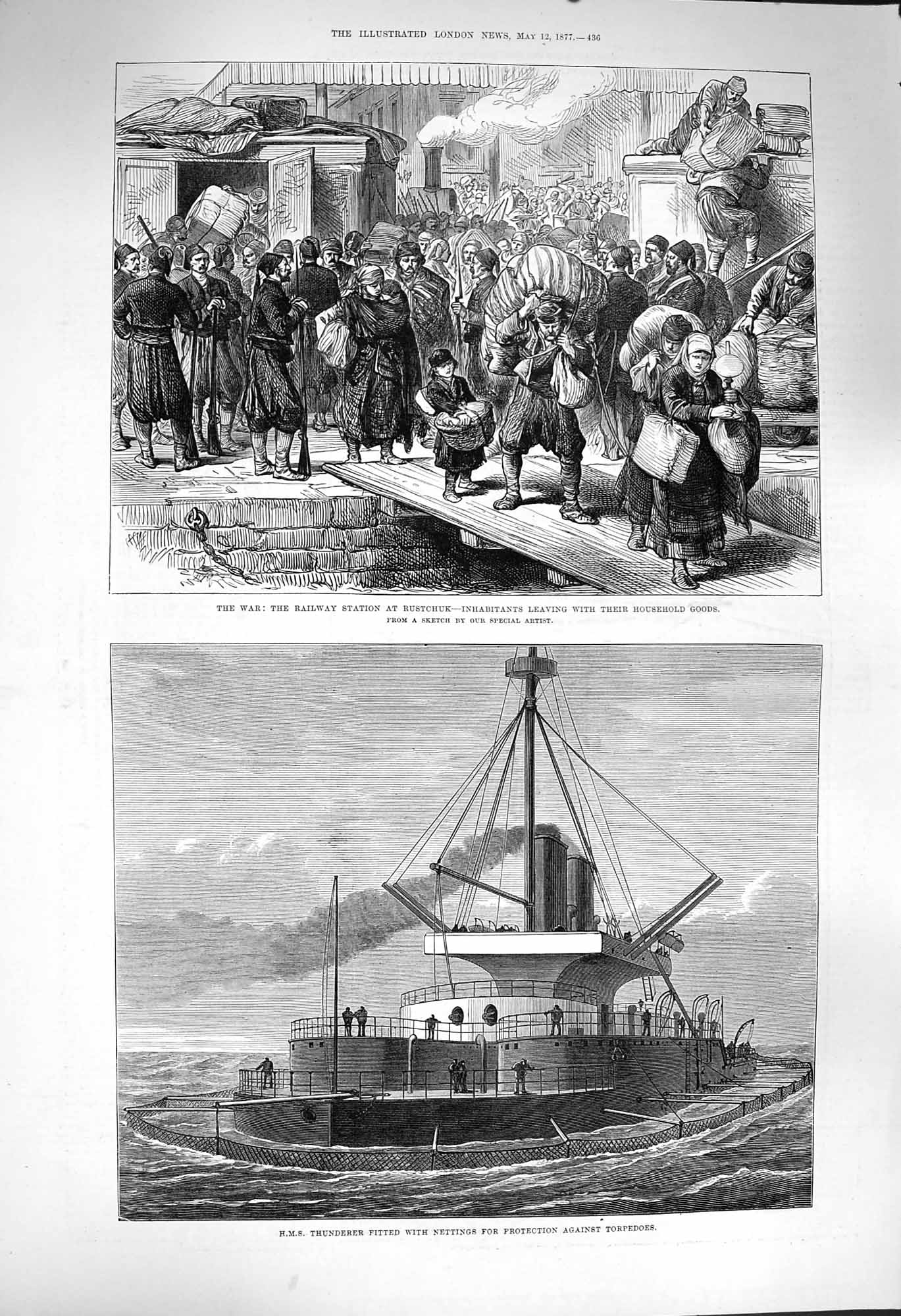 Original Old Antique Print 1877 War Railway Station Rutschuk Ship Thunderer