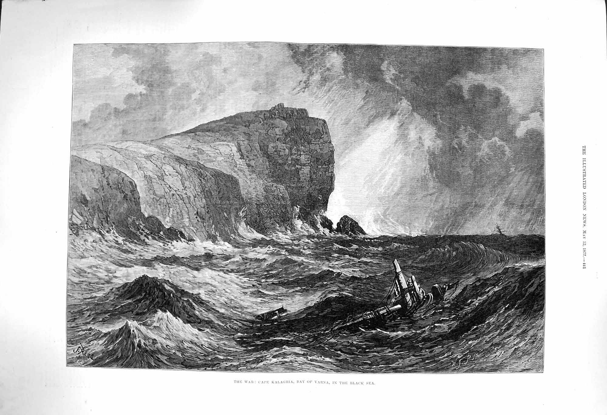 Original Old Antique Print 1877 War Cape Kalagria Bay Varna Black Sea Fine Art