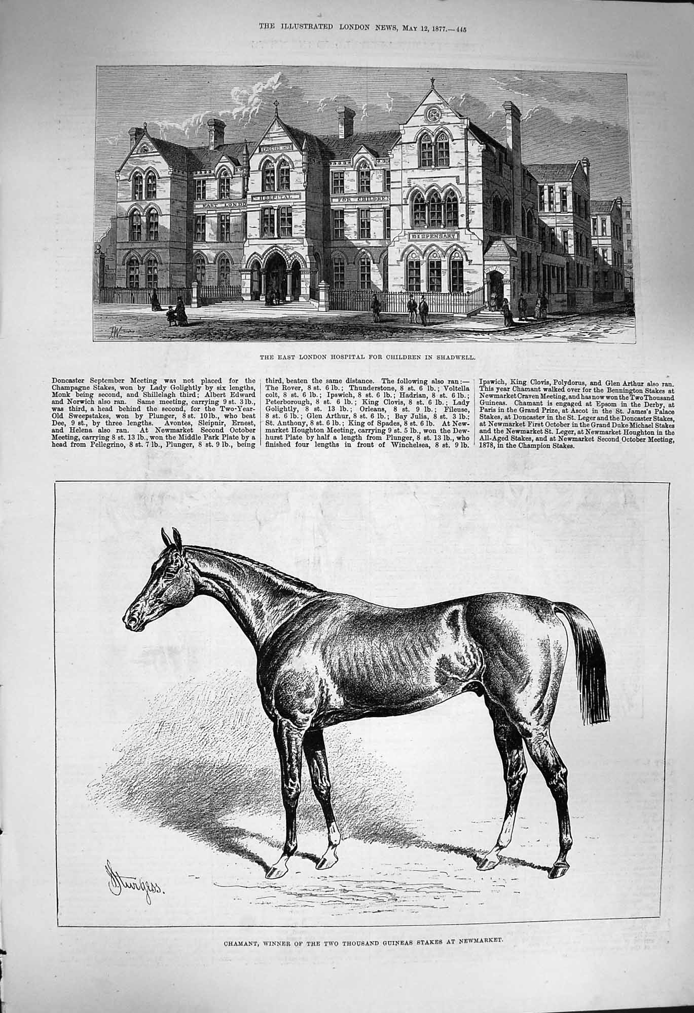 Original Old Antique Print 1877 London Hospital Children Shadwell Chamant Horse