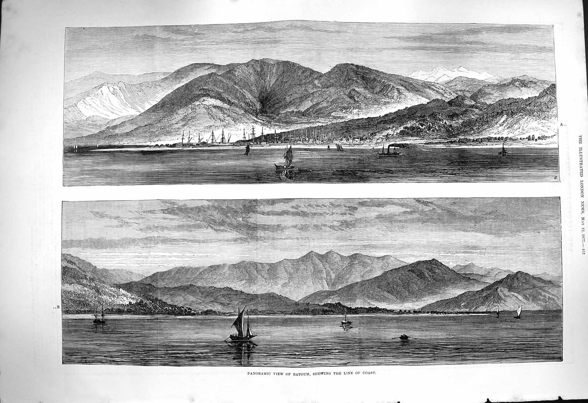 Original Old Antique Print 1877 Panoramic View Batoum Ships Yacht Mountains