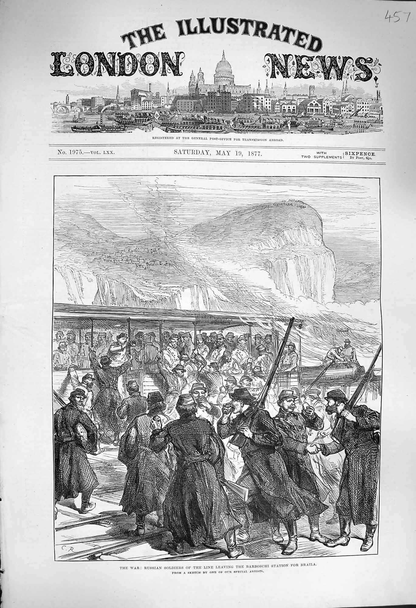 Original Old Antique Print 1877 War Russian Siers Barboschi Railway Station