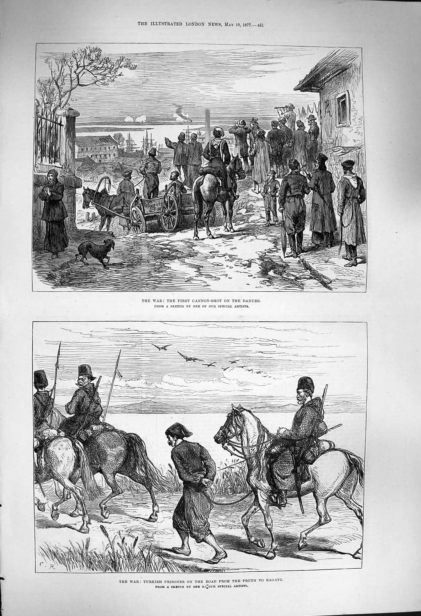 Original Old Antique Print 1877 War Cannon-Shot Danube Turkish Prisoners 19th