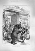 Original Old Antique Print 1877 Performing Bear Russian 19th Century