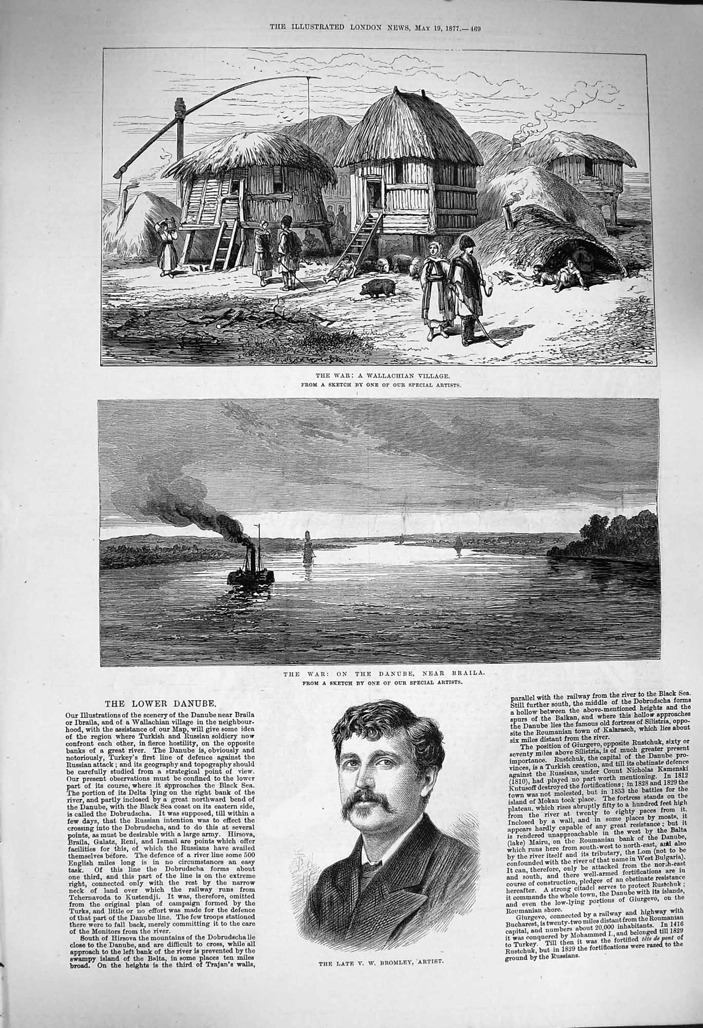 Original Old Antique Print 1877 War Wallachian Village Danube Braila Bromley