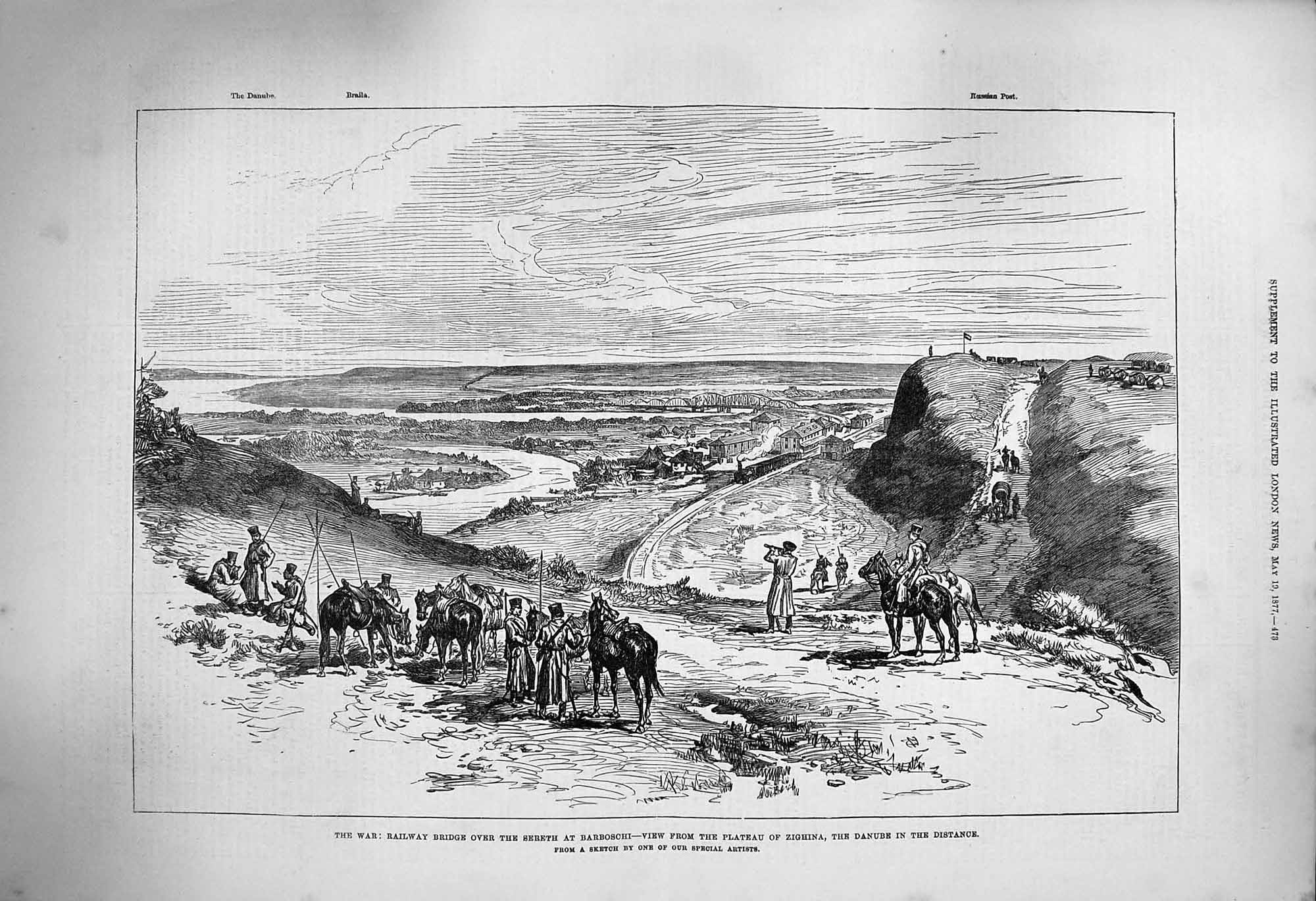 Original Old Antique Print 1877 Railway Bridge Sereth Barboschi Plateau Zighina