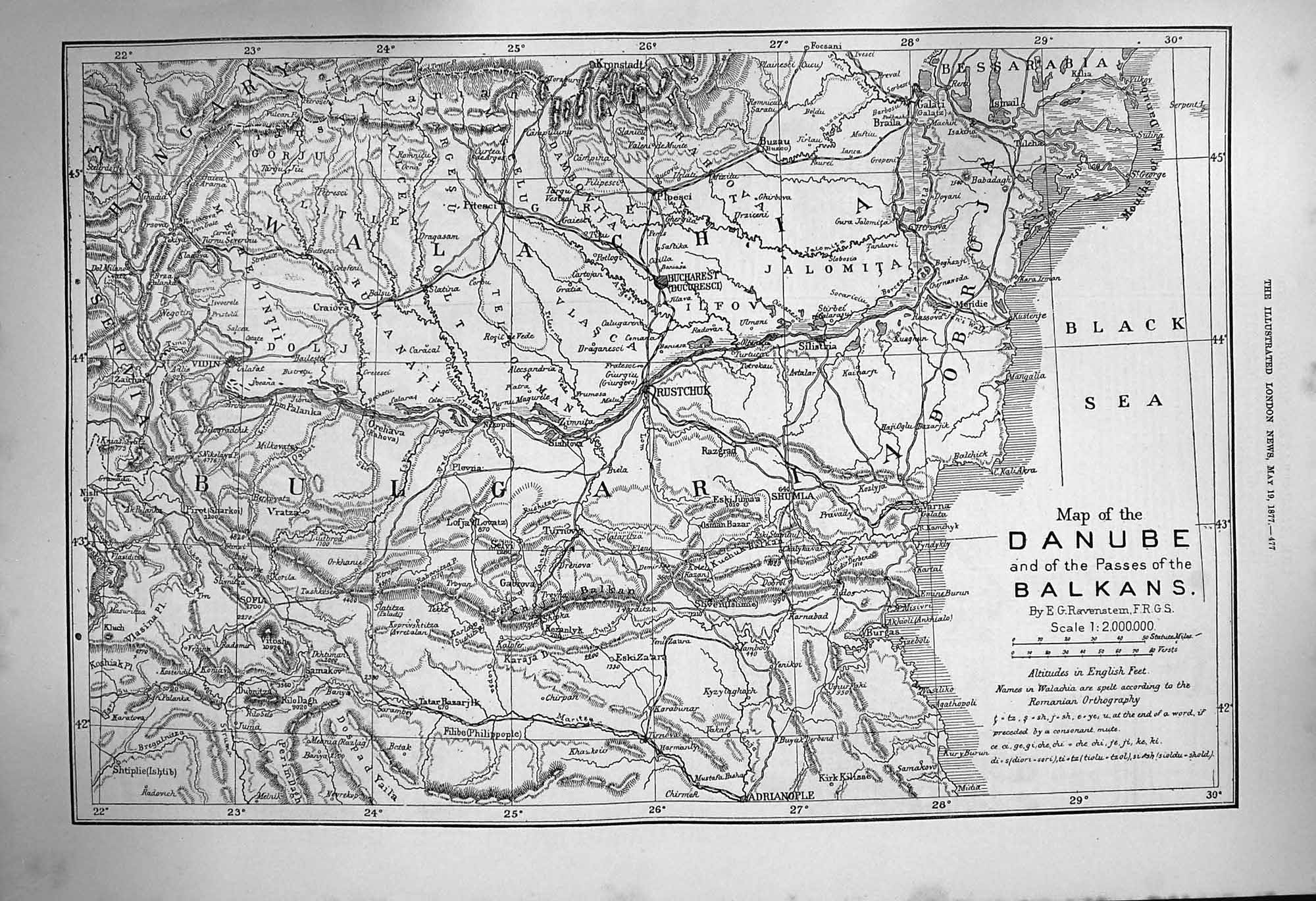 Original Old Antique Print 1877 Map Danube Balkans Bulgaria Bucharest Rutstchuk