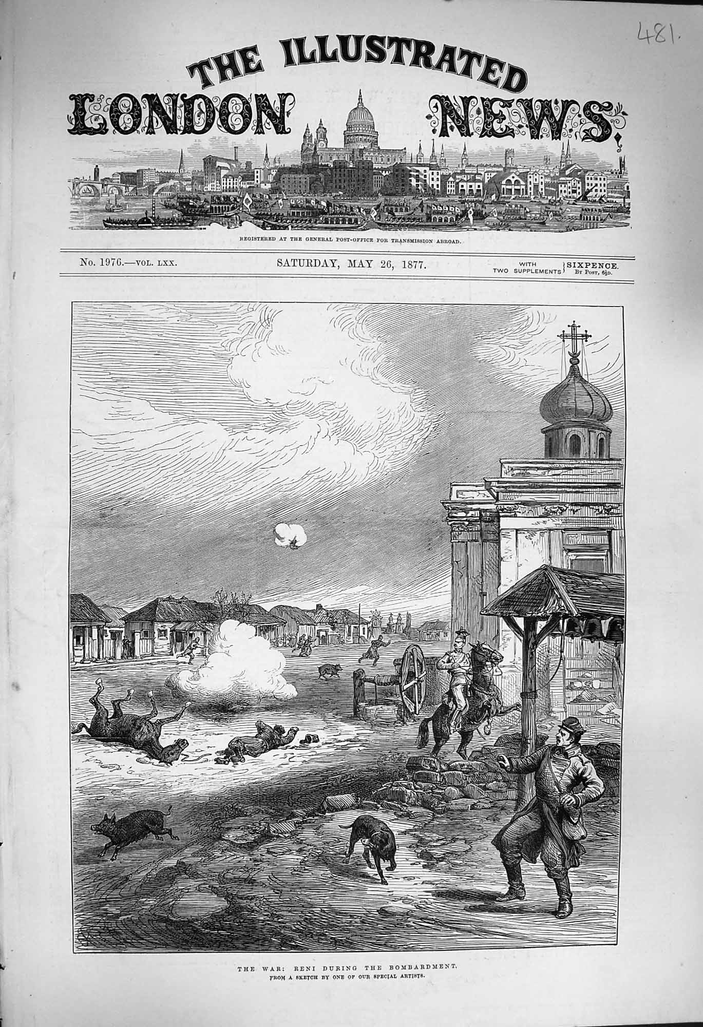 Original Old Antique Print 1877 War Scene Reni Bombardment Bodies Siers Horse