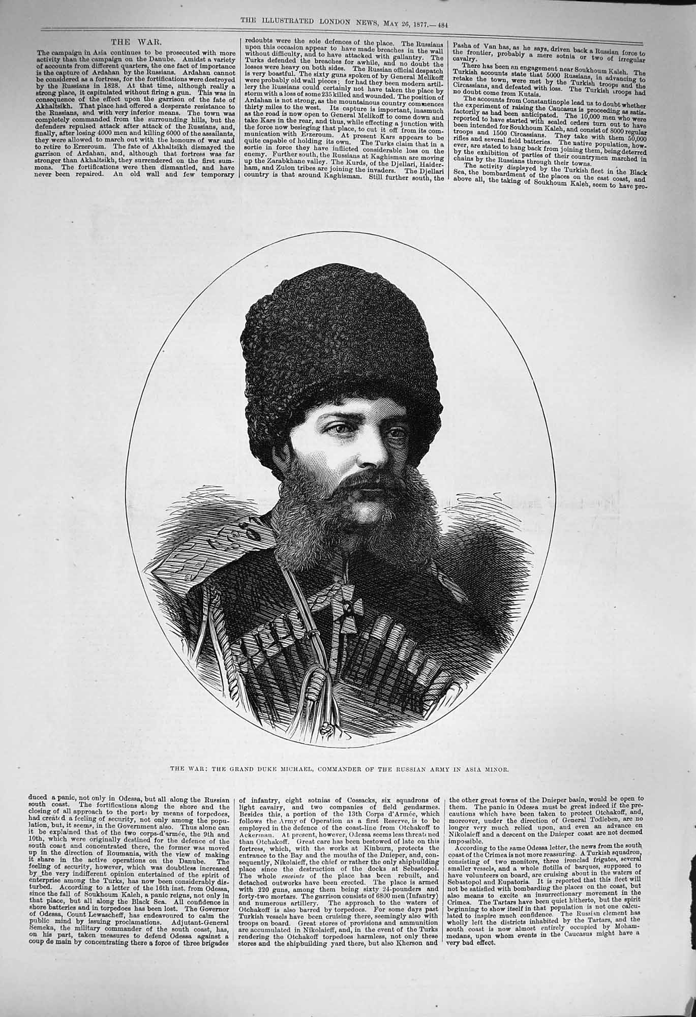 Original Old Antique Print 1877 War Grand Duke Michael Commander Russian Army