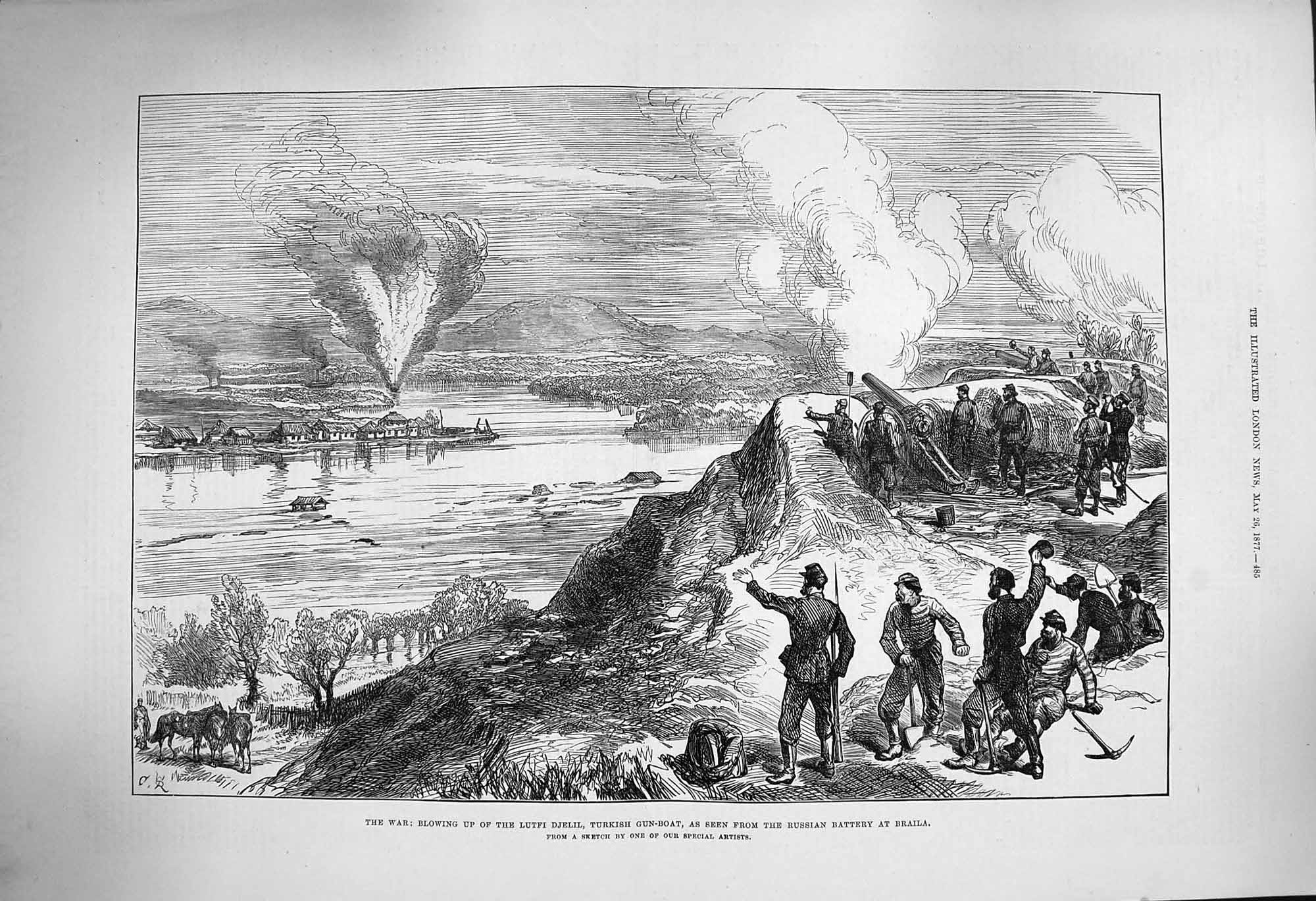 Old Antique Print 1877 War Blowing Lutfi Djelil Turkish Gun Boat Braila 19th