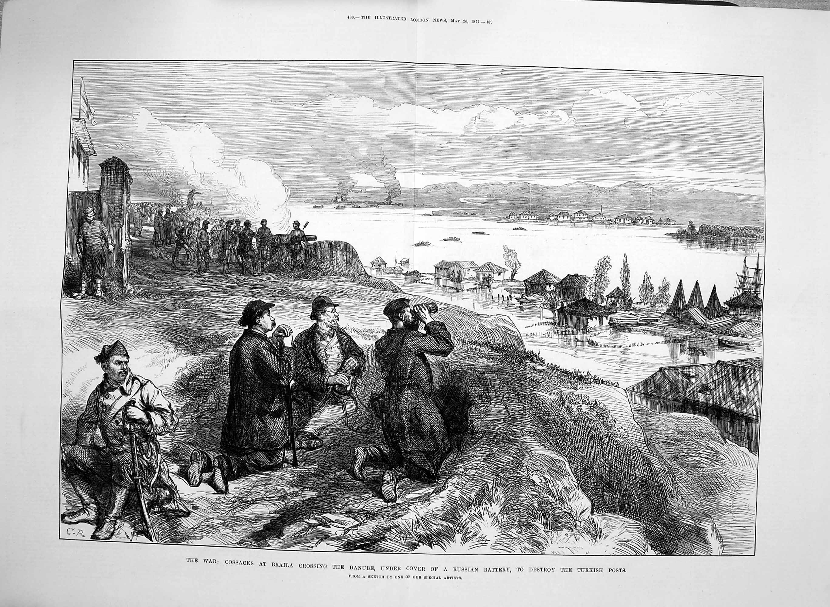 Antique Print *4016 1877 War Cossacks Braila Danube Russian Battery Sier