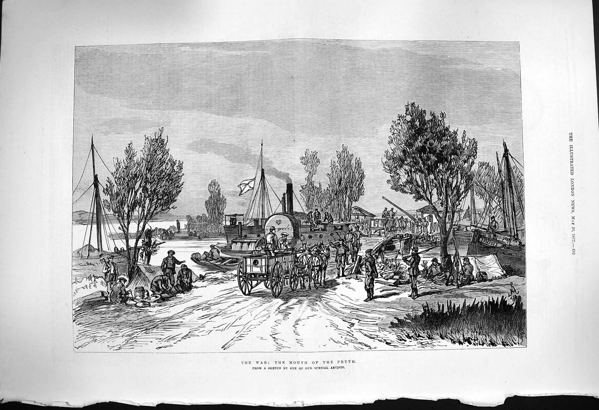 Original Old Antique Print 1877 War Scene Mouth River Pruth Siers Victorian