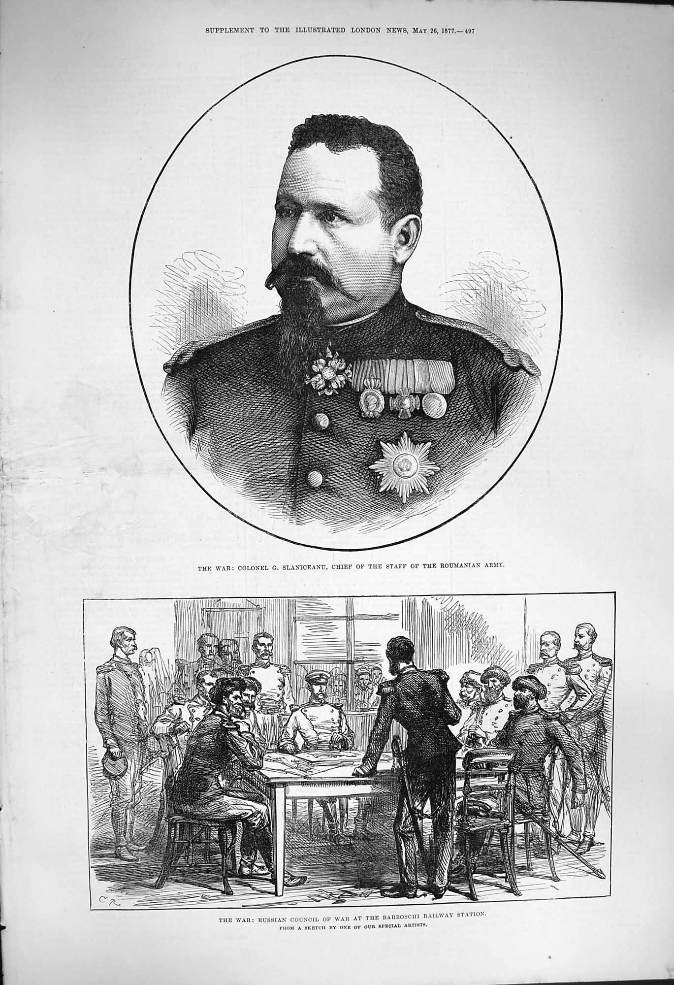 Old Antique Print 1877 Colonel Slaniceanu Russian Council War Barboschi 19th
