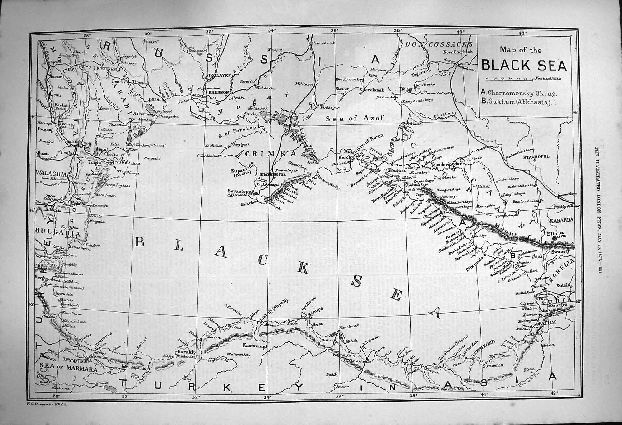 Original Old Antique Print 1877 Map Black Sea AzKherson Bulgaria 19th