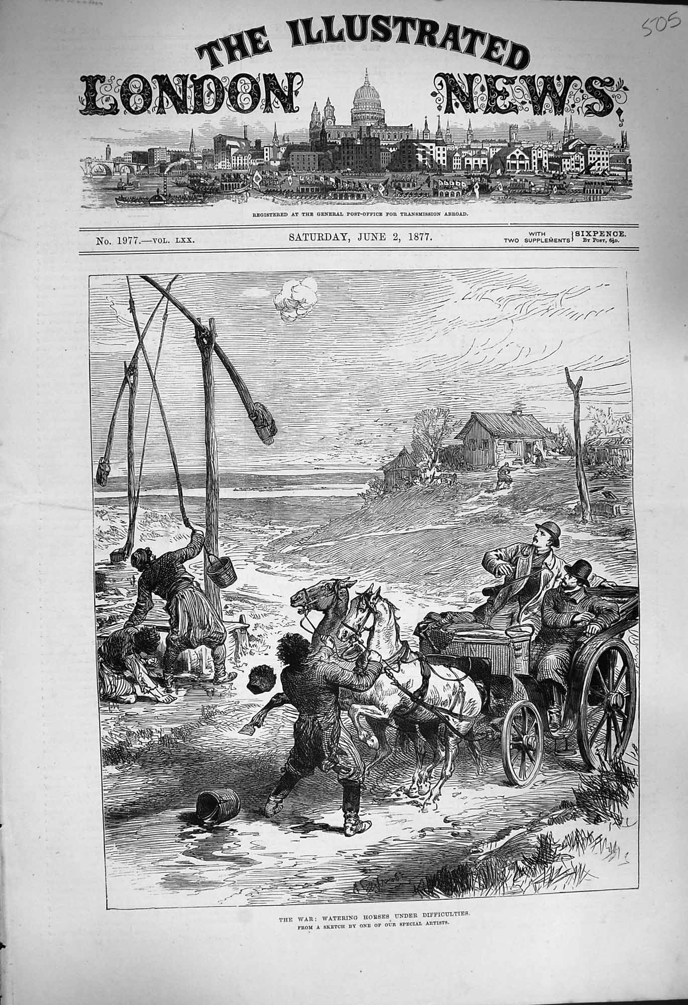 Original Old Antique Print 1877 War Watering Horses Storm 19th