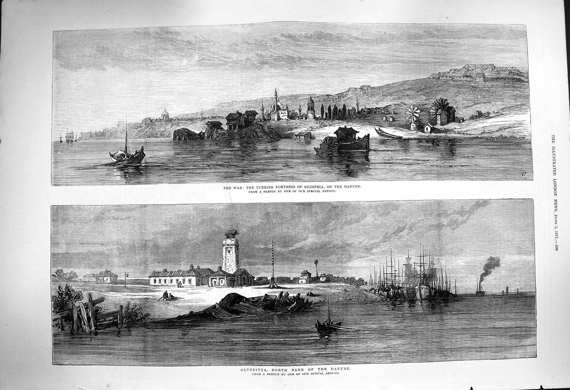 Original Old Antique Print 1877 War Turkish Fortress Silistria Danube Olenitza