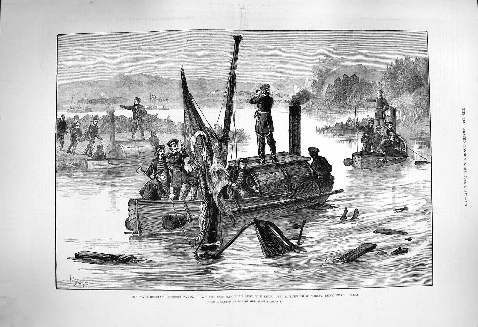 Original Old Antique Print 1877 War Russian Officers Ottoman Flag Lutfi Djelil