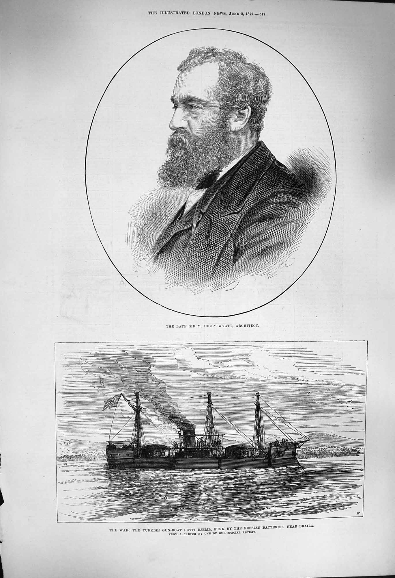 Old Antique Print 1877 Digby Wyatt Architect War Turkish Gun-Boat Djelil 19th