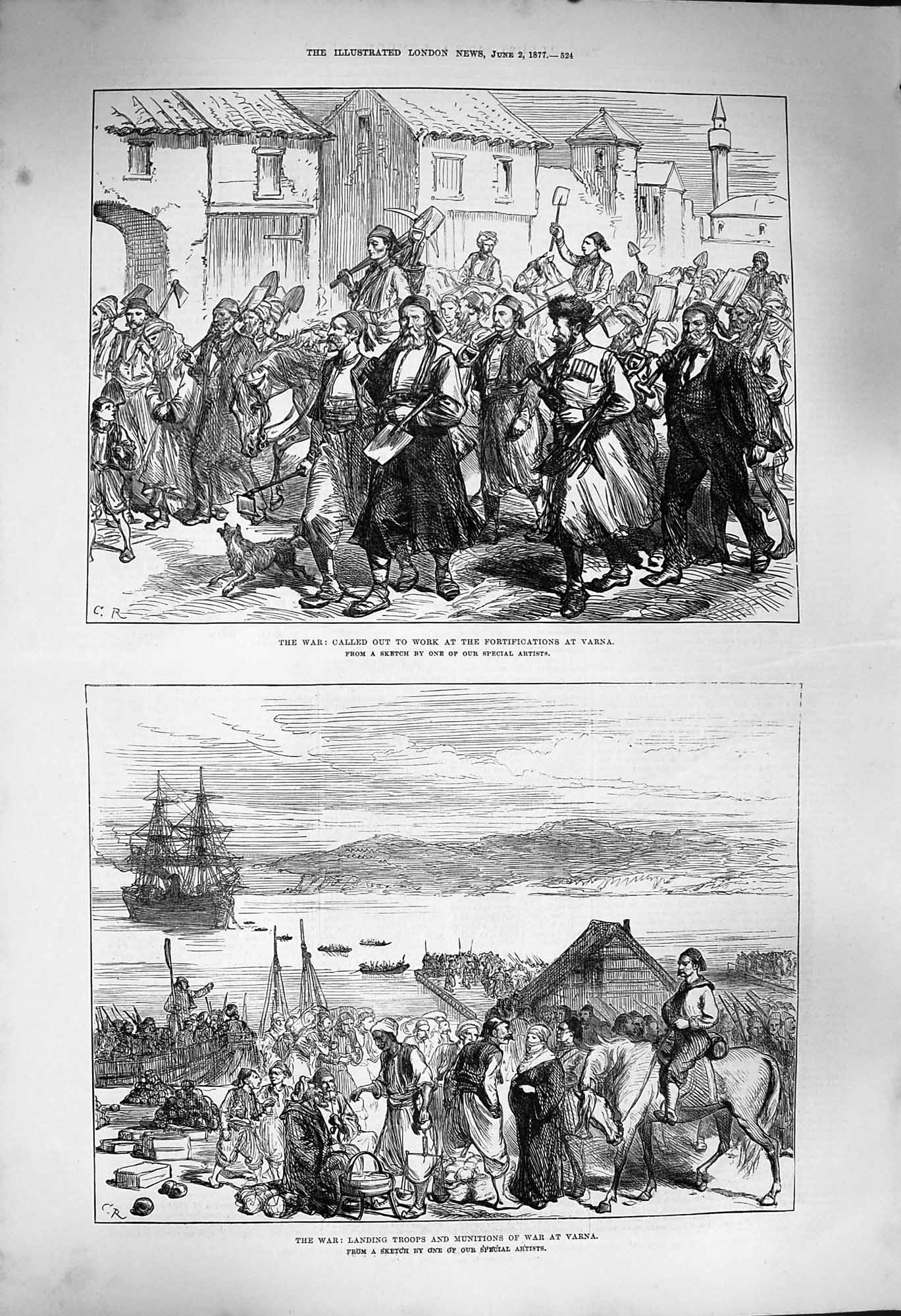 Original Old Antique Print 1877 War Varna Ship Landing Troops Munitions Siers