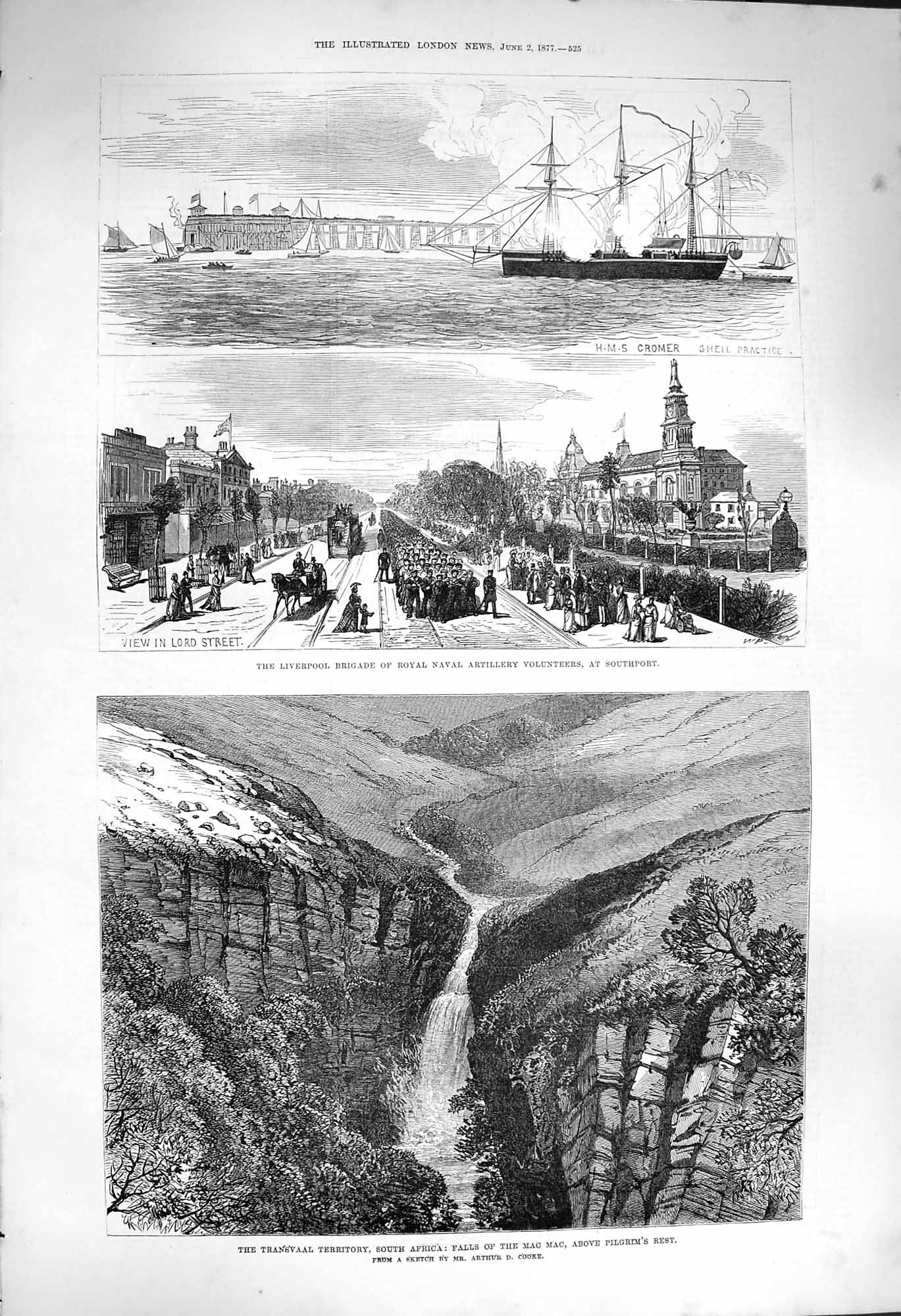 Original Old Antique Print 1877 Liverpool Naval Volunteers Southport Falls Mac