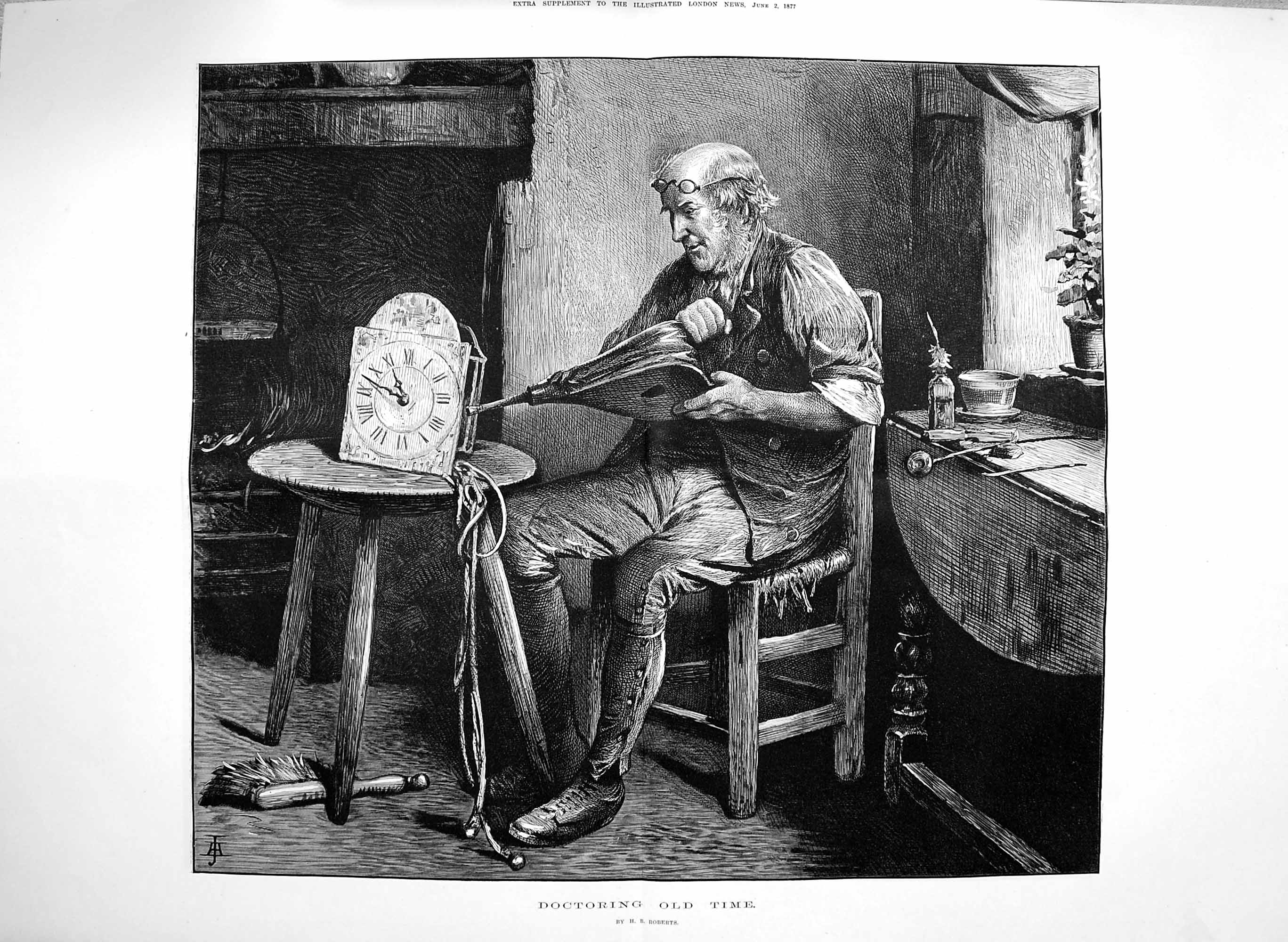 Original Old Antique Print 1877 Doctoring Time Man Clock Bellows Robe Victorian
