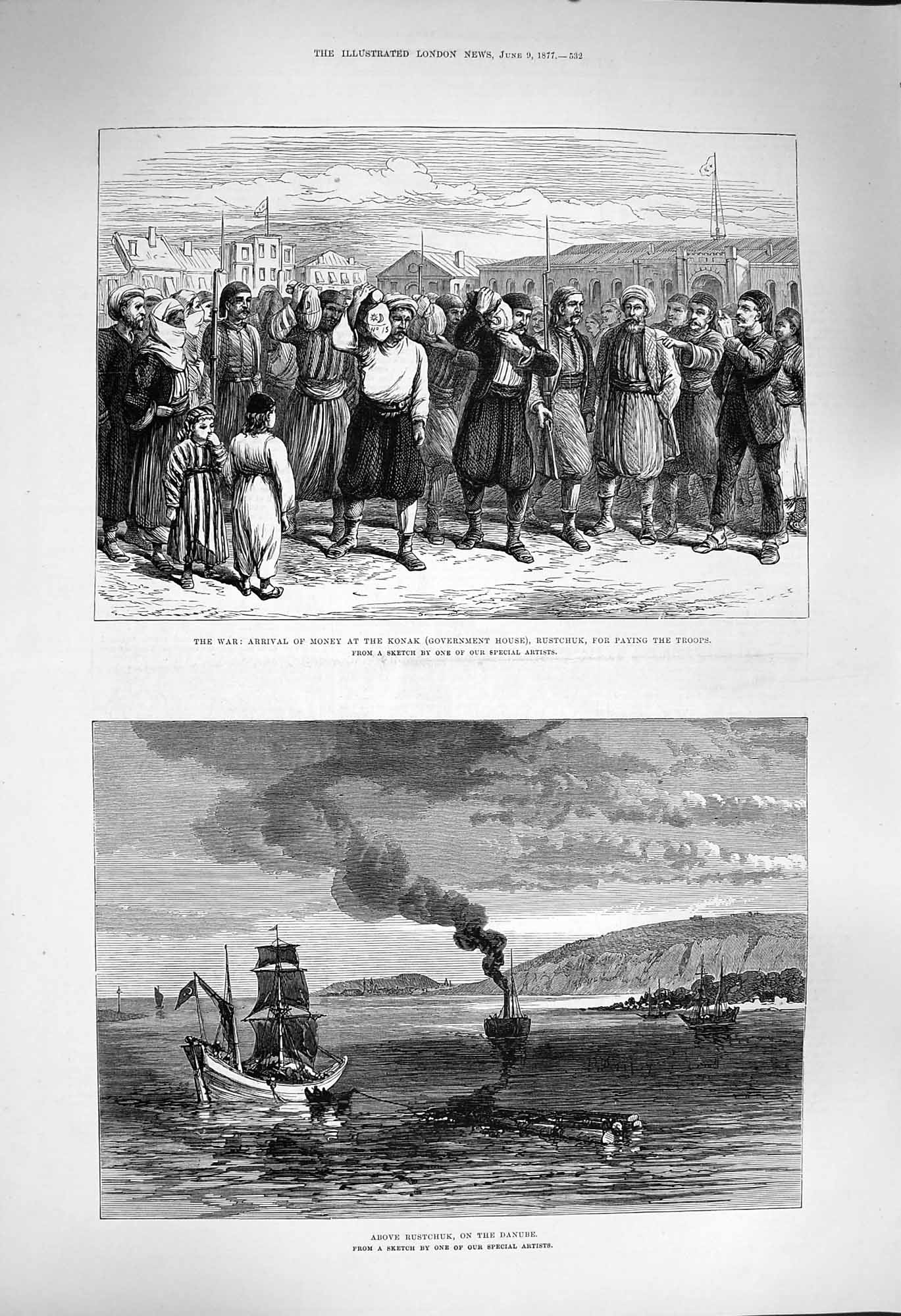 Old Antique Print 1877 War Money Konak Government Rustchuk Boats Danube 19th