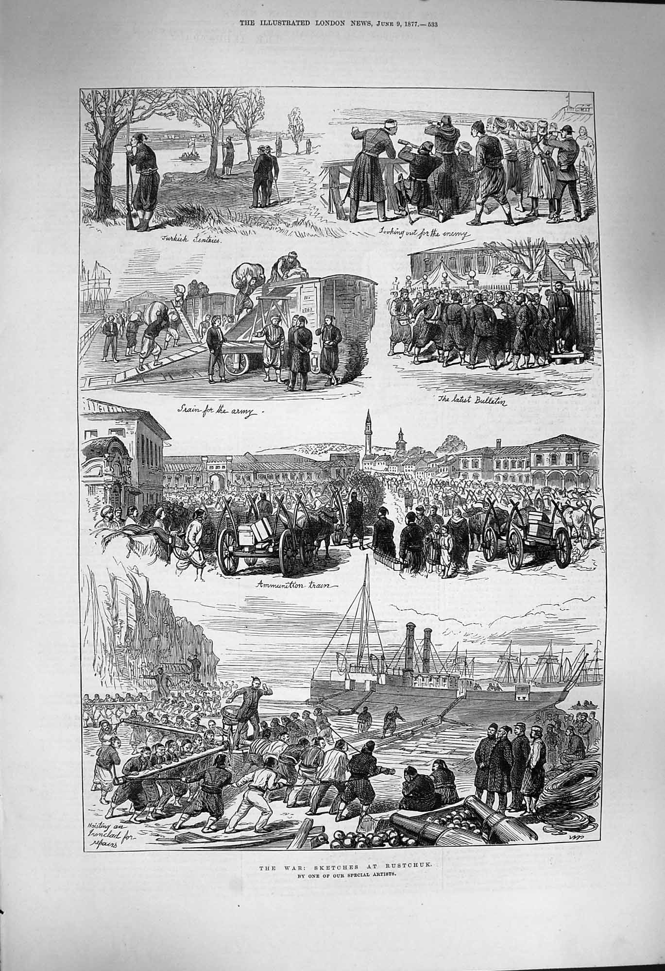 Original Old Antique Print 1877 War Rustchuk Ships Turkish Siers Ammunition