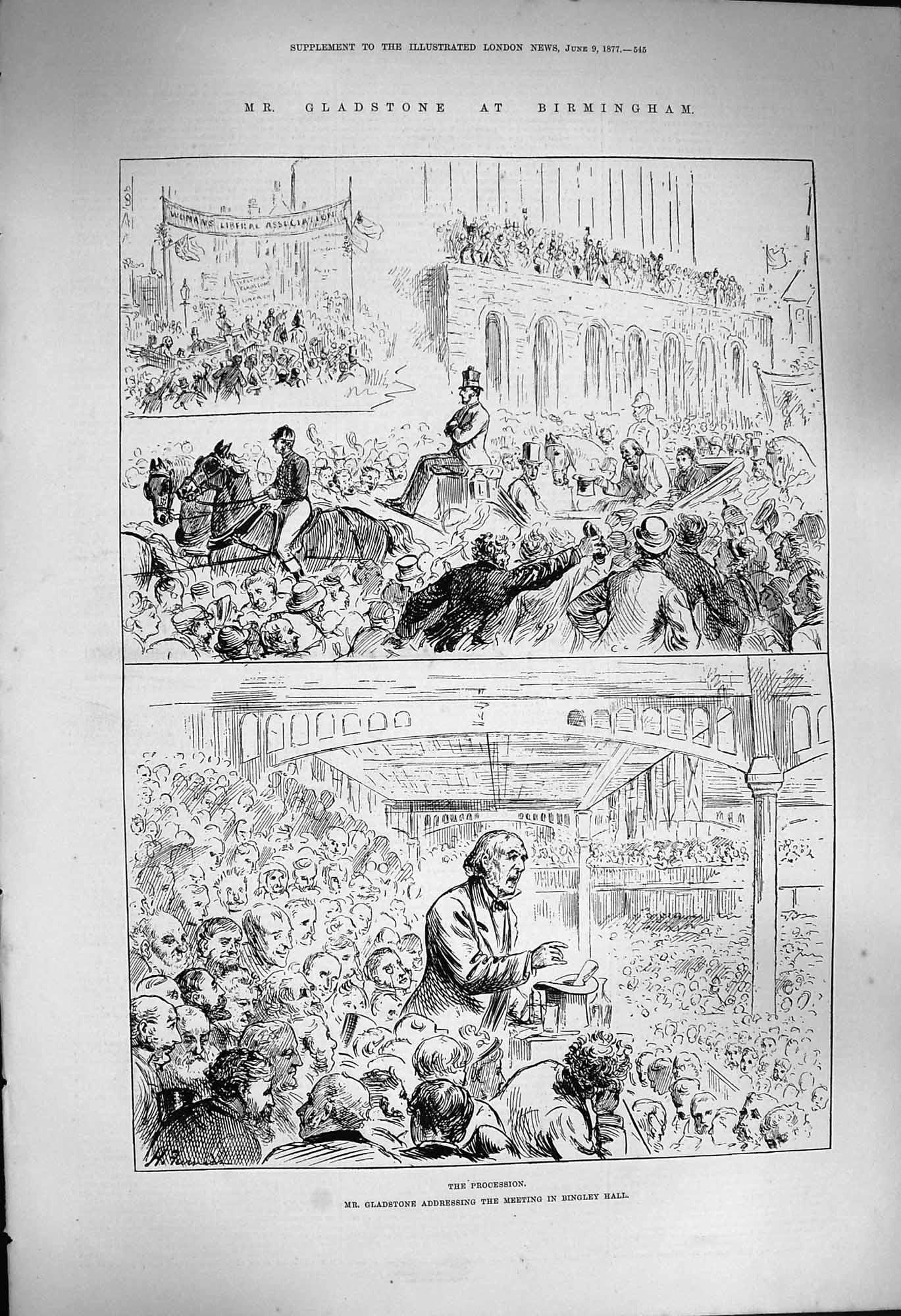 Original Old Antique Print 1877 Gladstone Birmingham Adressing Bingley Hall