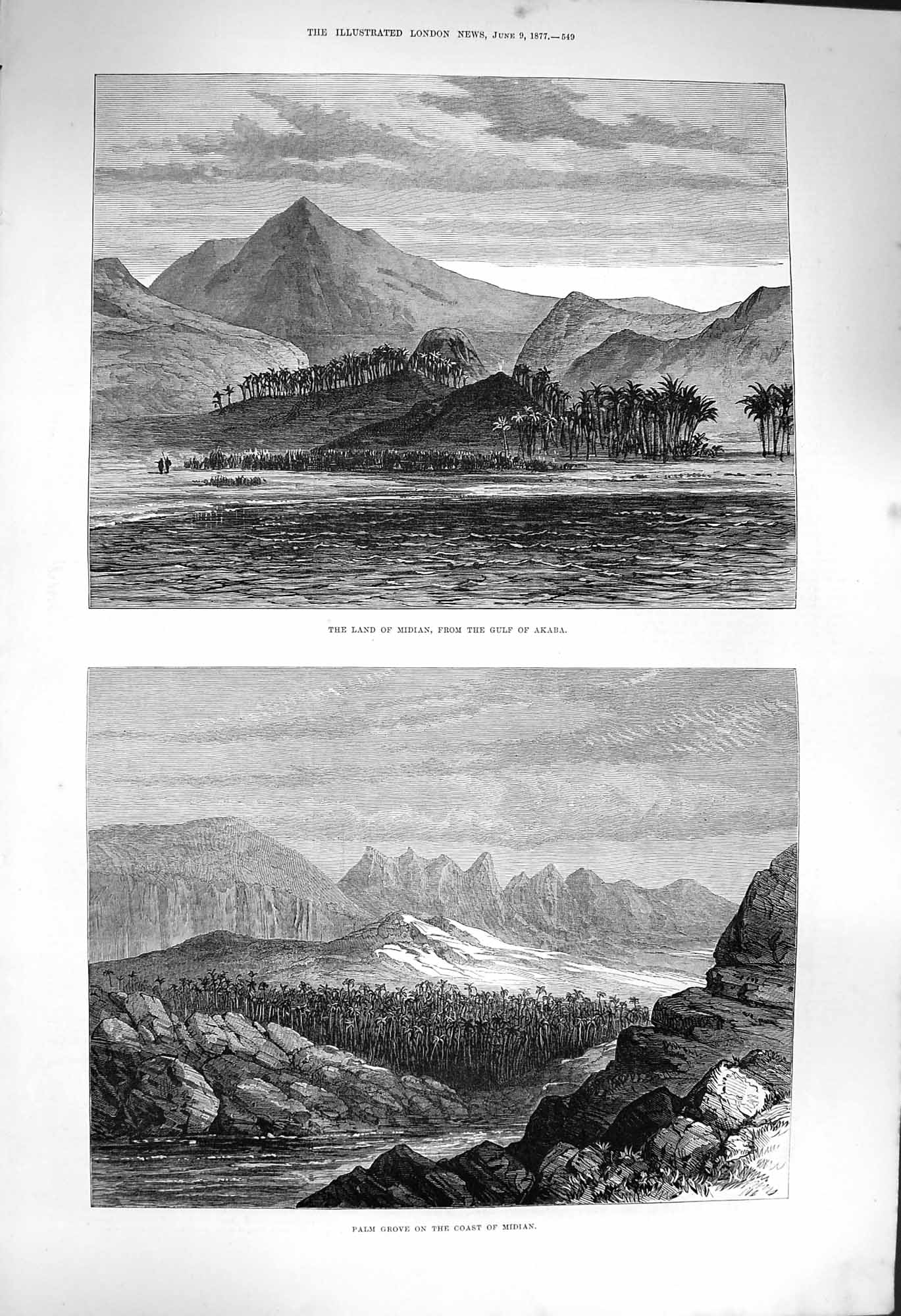 Antique Old Print *4011 1877 Land Midian Gulf Akaba Palm Grove Mountains Art