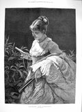Original Old Antique Print 1877 Portrait Lady Counting Conquests Book 19th