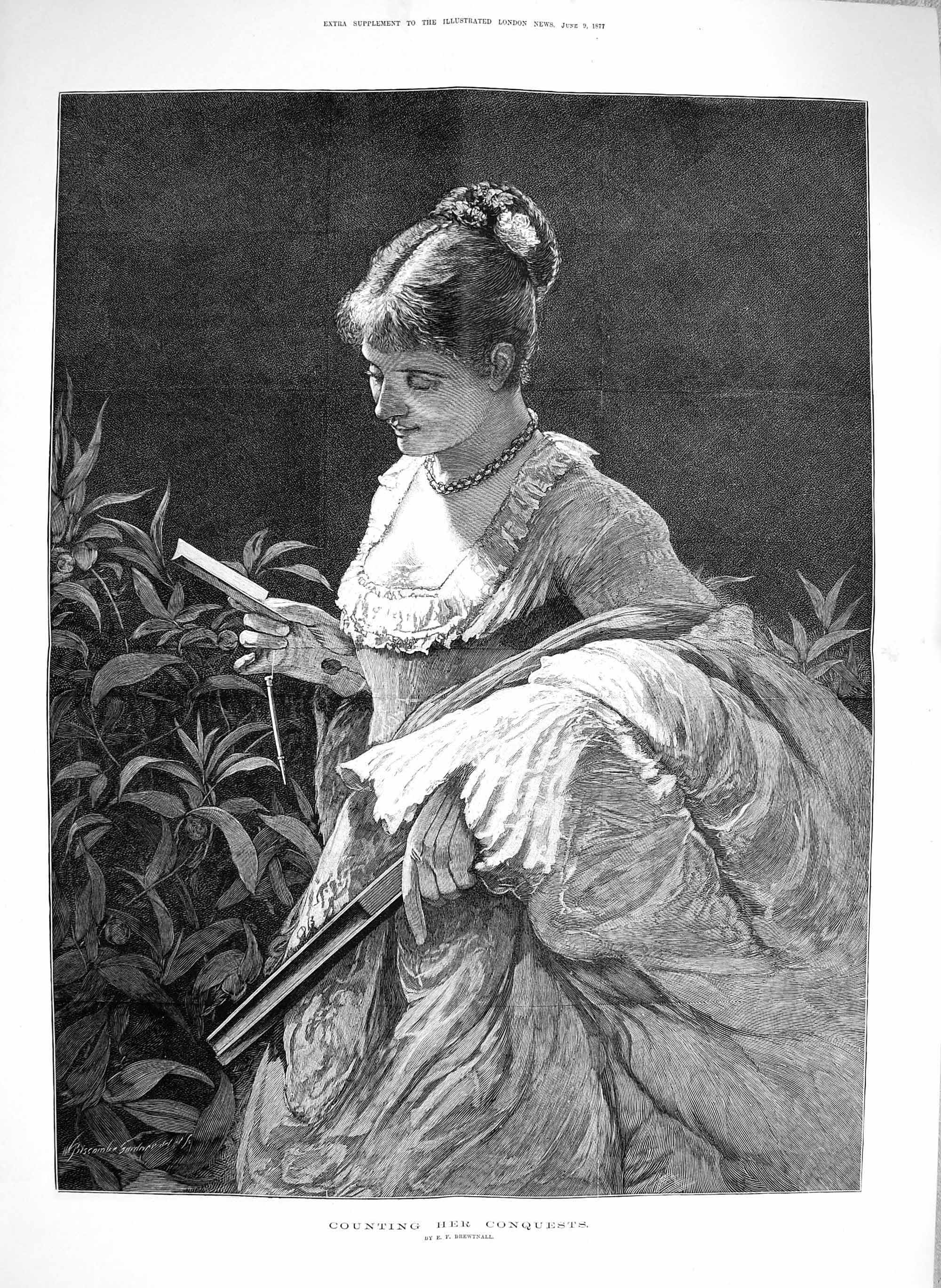 Original Old Antique Print 1877 Portrait Lady Counting Conquests Book 19th