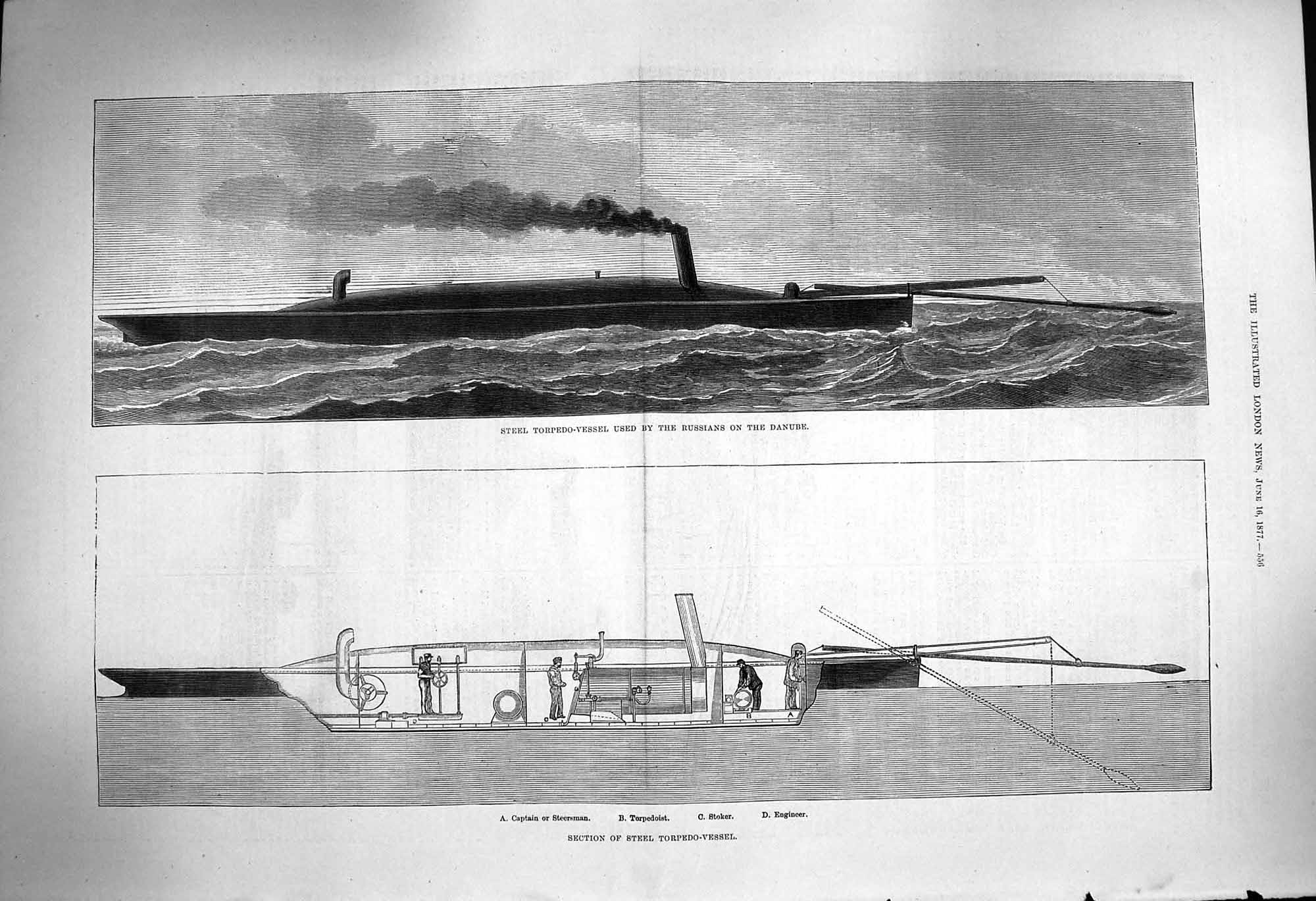 Old Antique Print 1877 Steel Torpedo Vessel Russians Danube Submarine War 19th