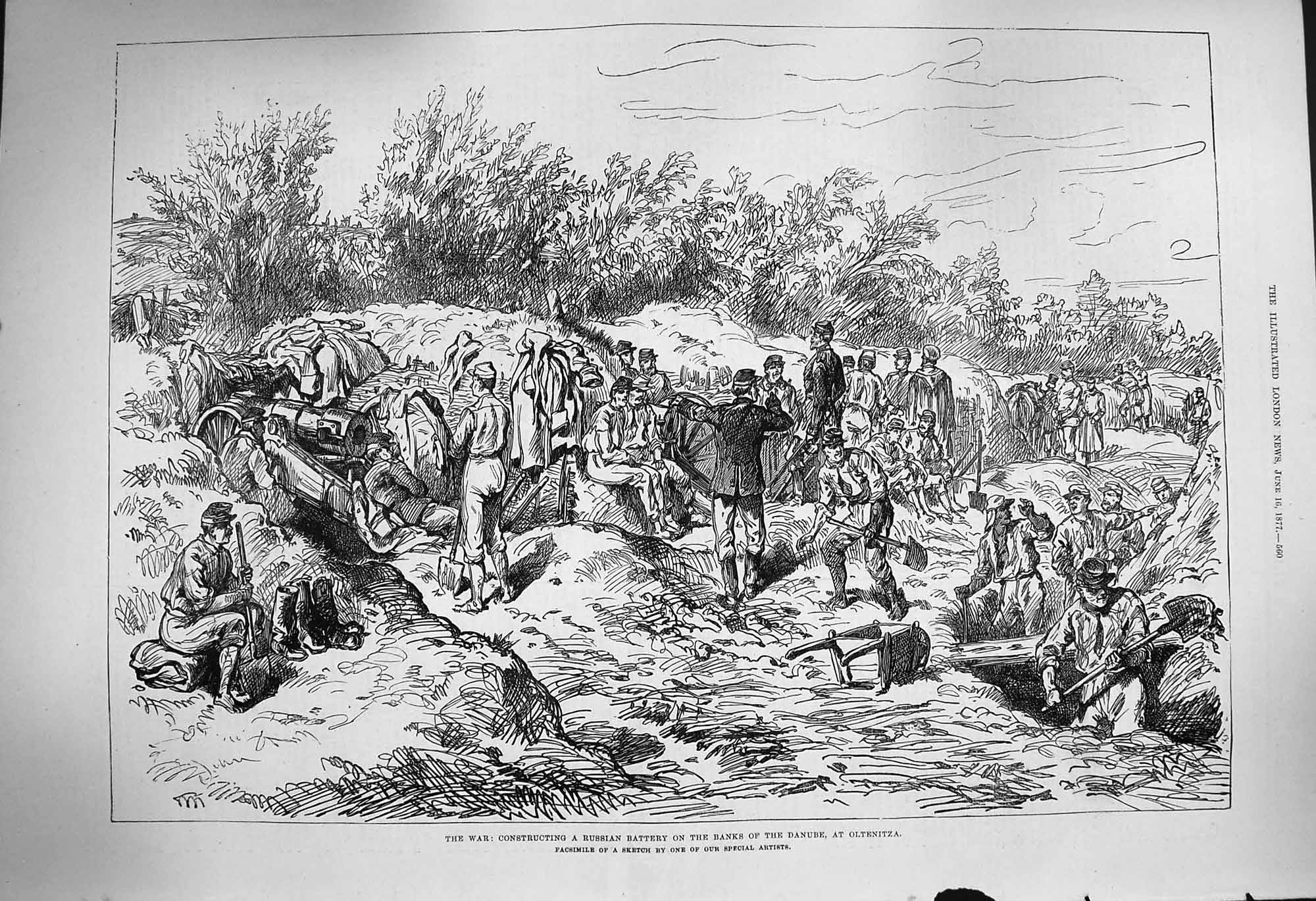Original Old Antique Print 1877 War Russian Battery Army River Danube Oltenitza