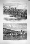 Original Old Antique Print 1877 War Drill Turkish Camp Post-House River Danube
