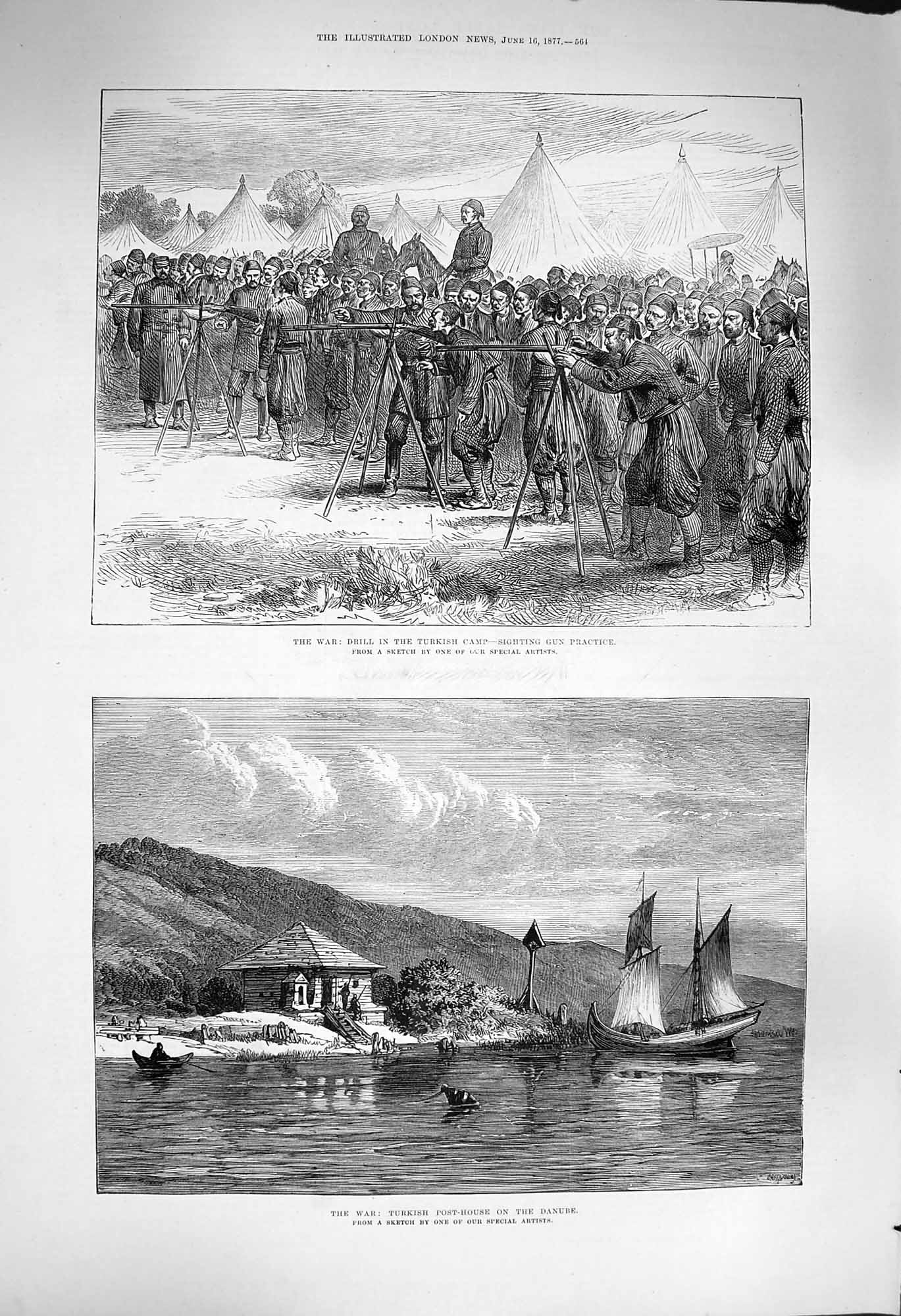 Original Old Antique Print 1877 War Drill Turkish Camp Post-House River Danube