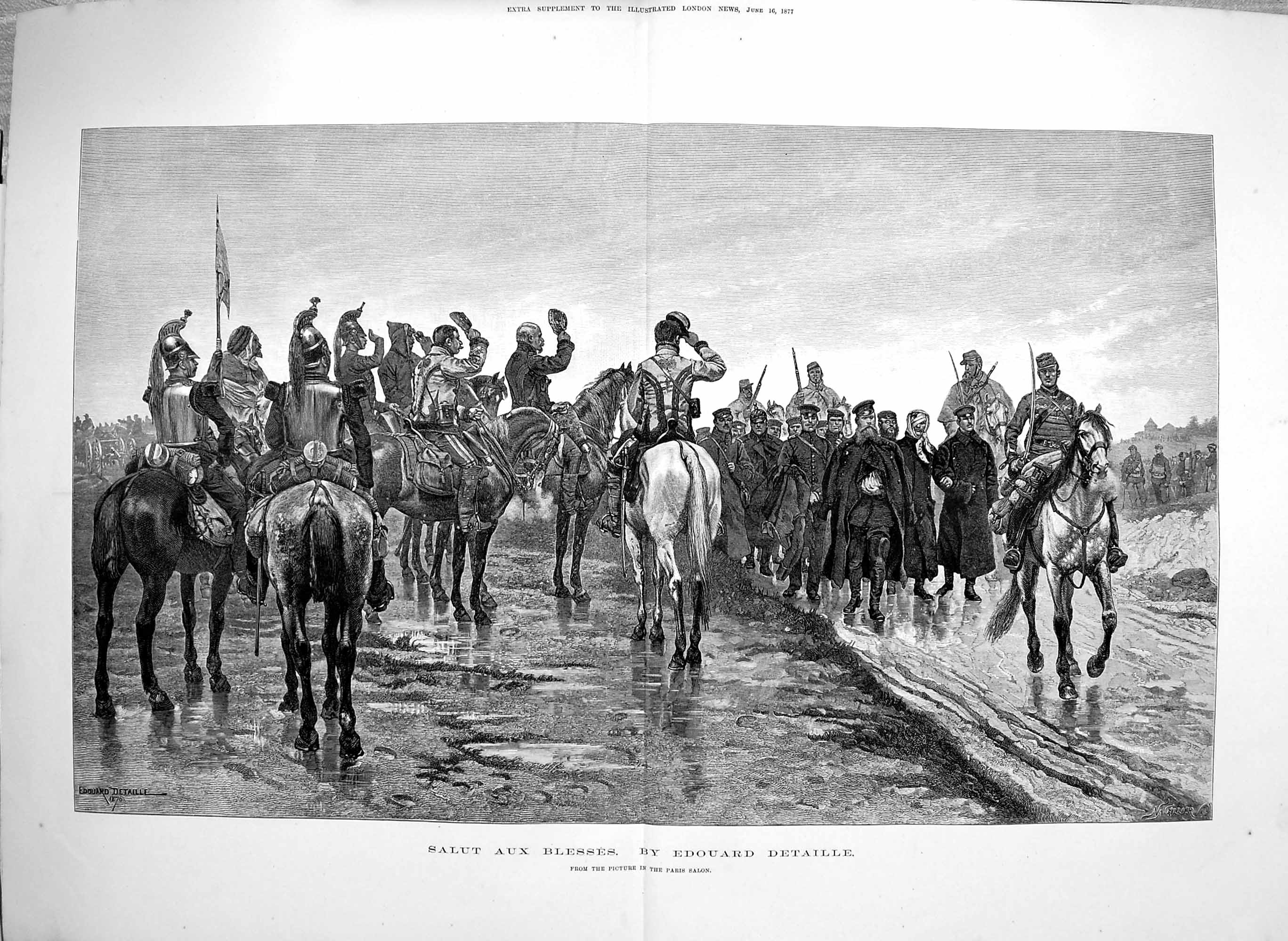 Old Antique Print 1877 Salut Aux Blesses Siers Horses Edouard Detaille 19th