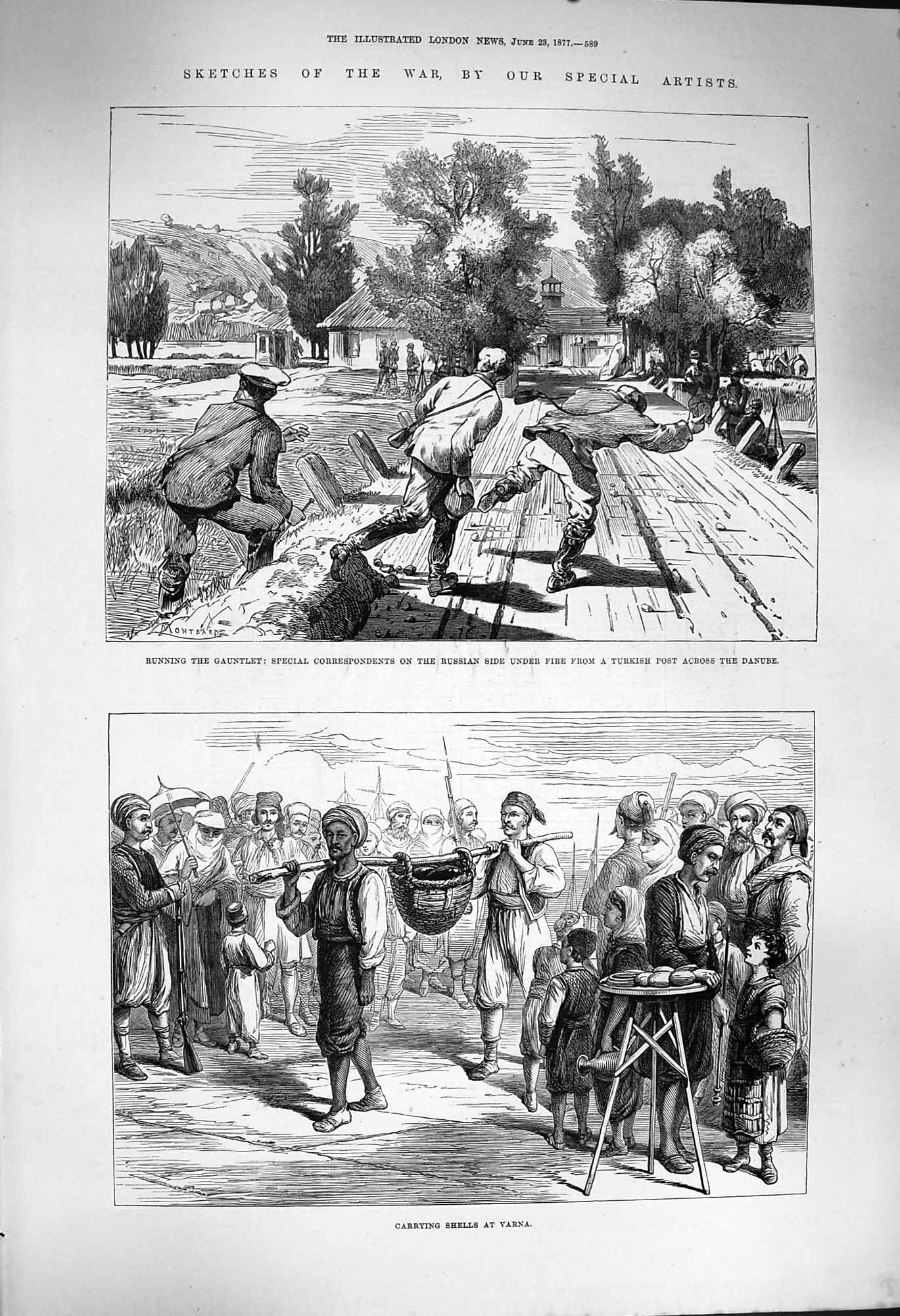 Original Old Antique Print 1877 War Gauntlet Russia Corespondents Shells Varna