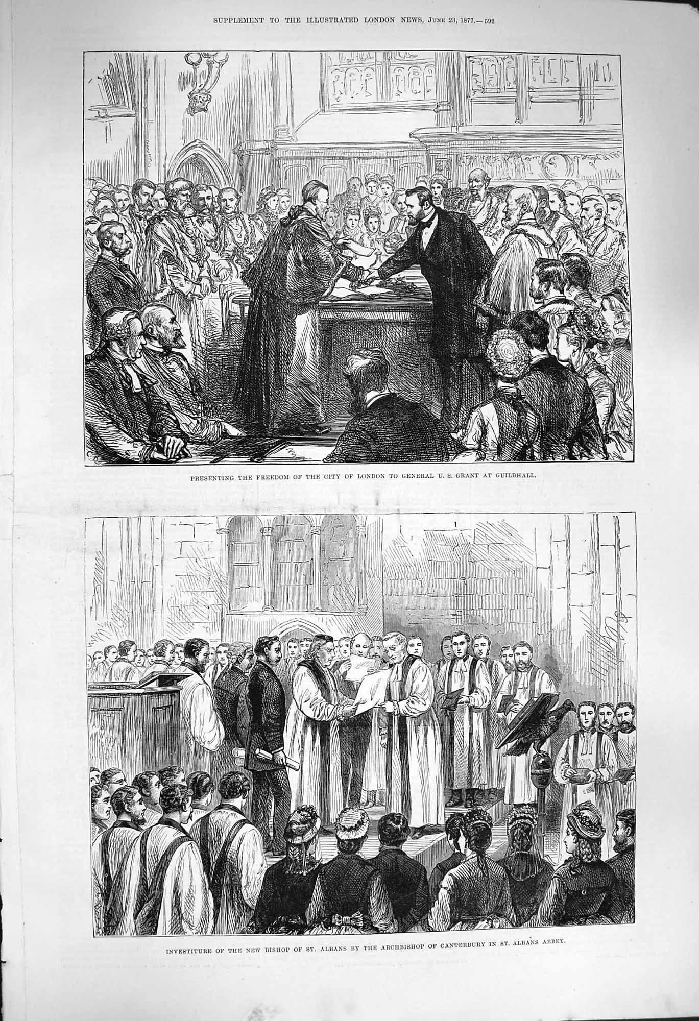 Original Old Antique Print 1877 Freedom London General Grant Canterbury Bishop