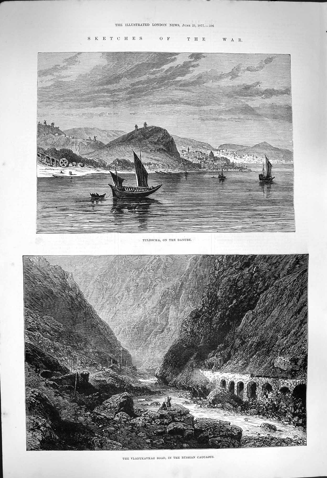 Original Old Antique Print 1877 War Tuldscha River Danube Vladykavkaz Caucasus