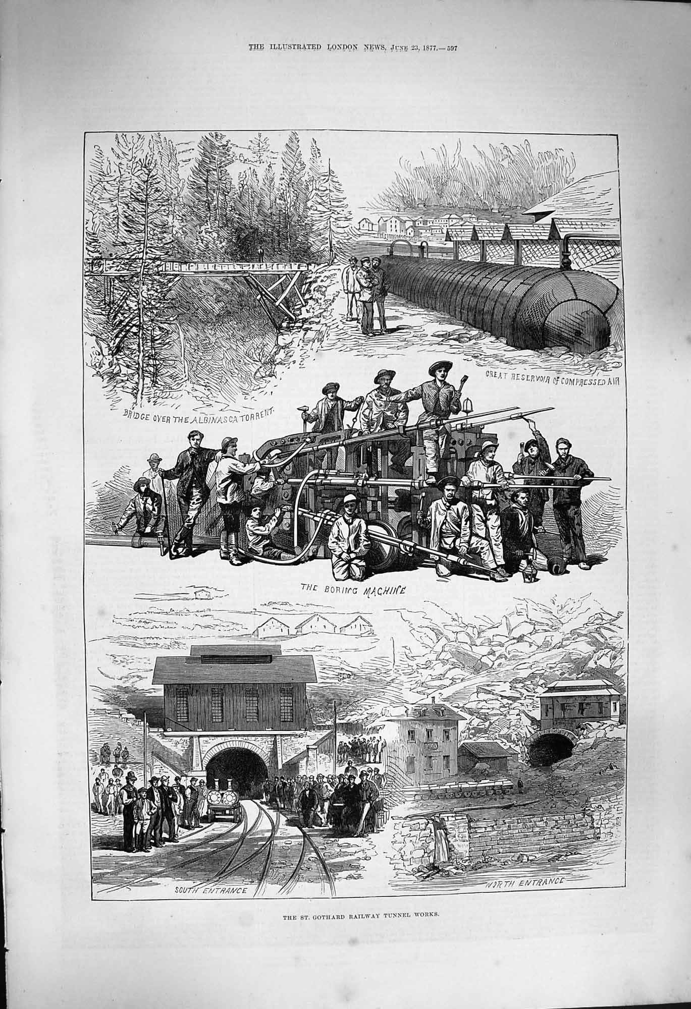 Original Old Antique Print 1877 St. Gothard Railway Tunnel Train Boring Machine