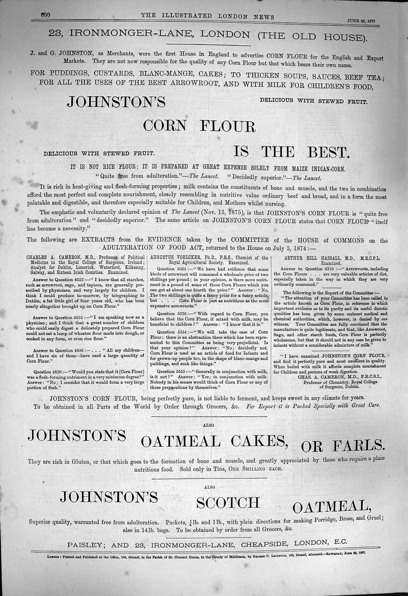 Old Antique Print 1877 Advertisement Johnston'S Corn Flour Oatmeal Cakes 19th