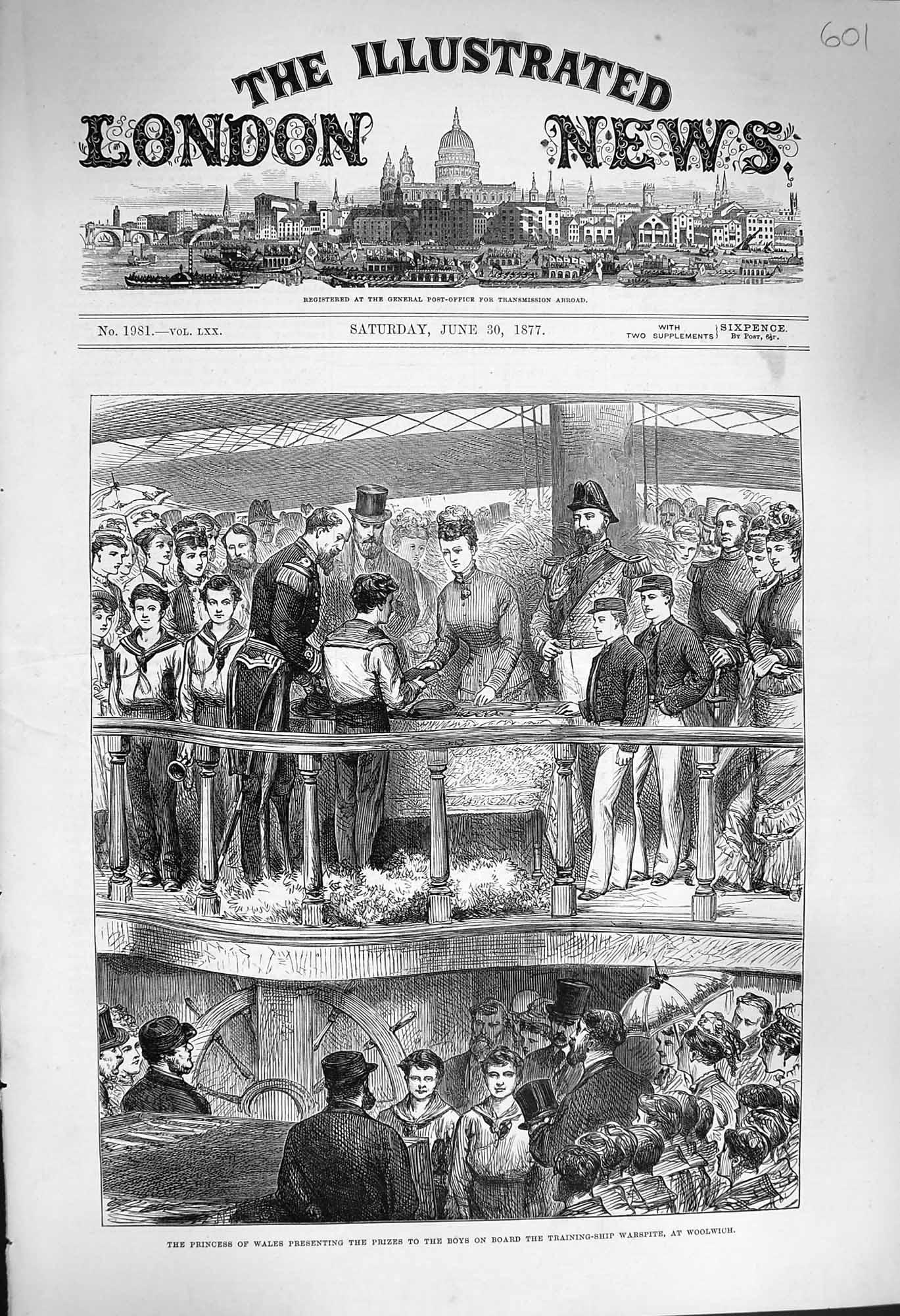 Old Antique Print 1877 Princess Wales Prizes Ship Boys Warspite Woolwich 19th