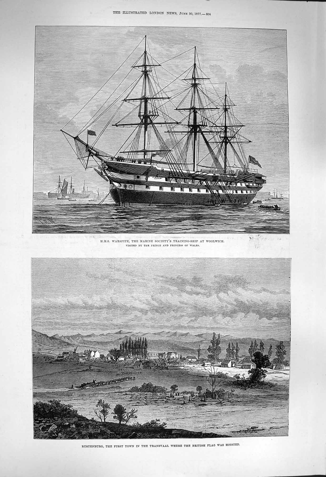 Original Old Antique Print 1877 Ship Warspite Woolwich Rustenburg Transvaal
