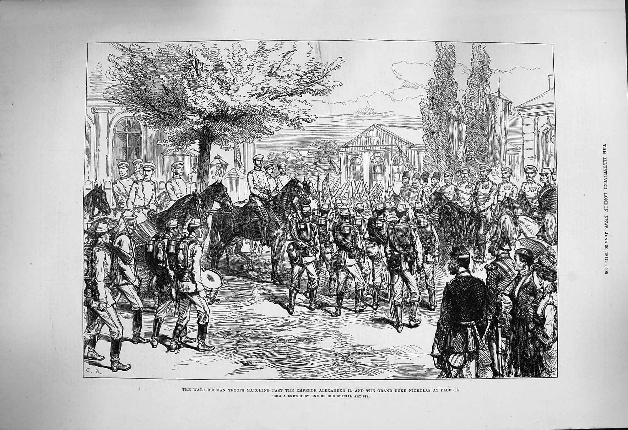 Original Old Antique Print 1877 War Russian Troops Emperor Alexander Ploesti