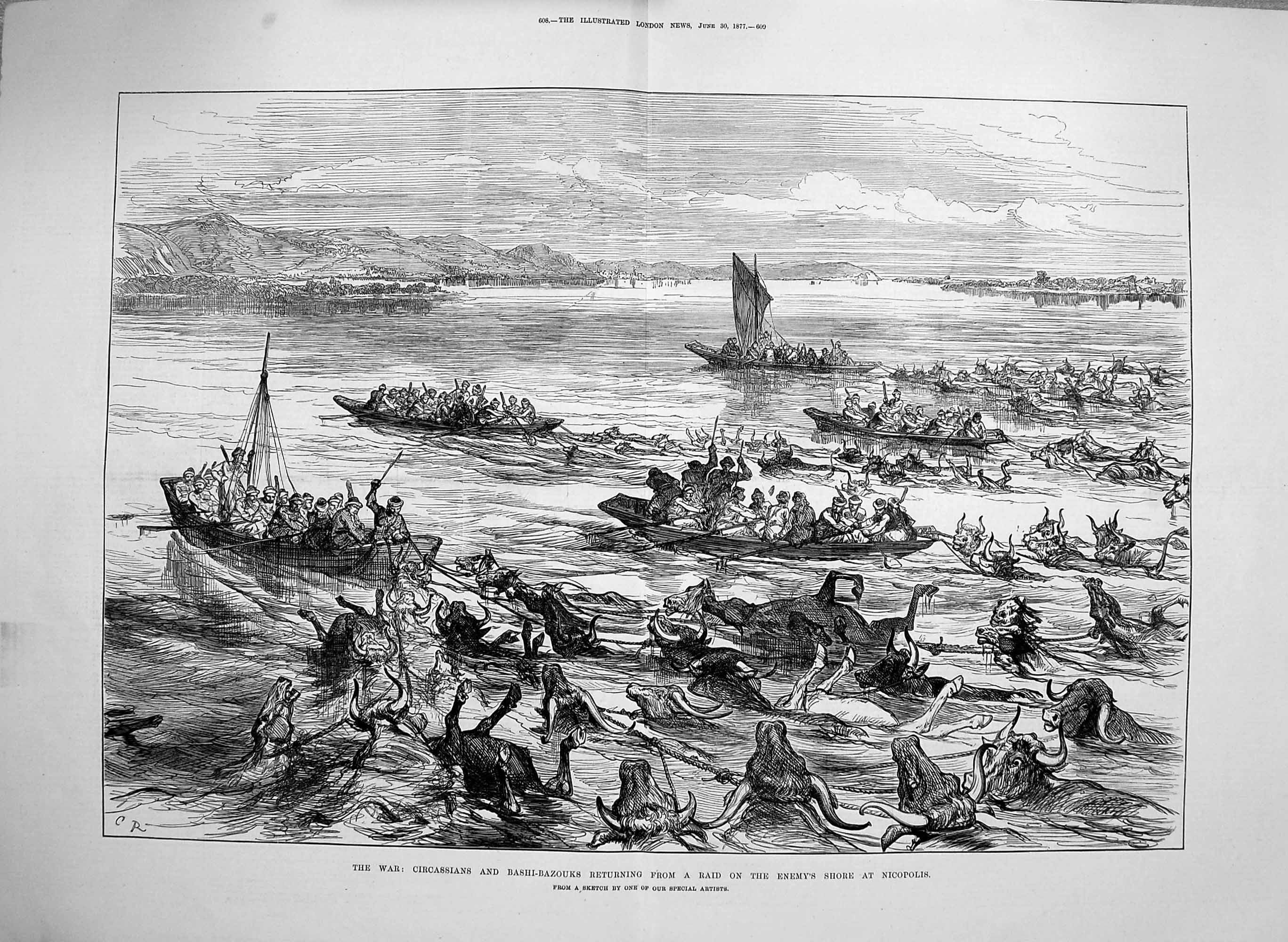Antique Old Print 1877 War Cicassians Bashi-Bazouks Nicopolis Cattle Boat 19th