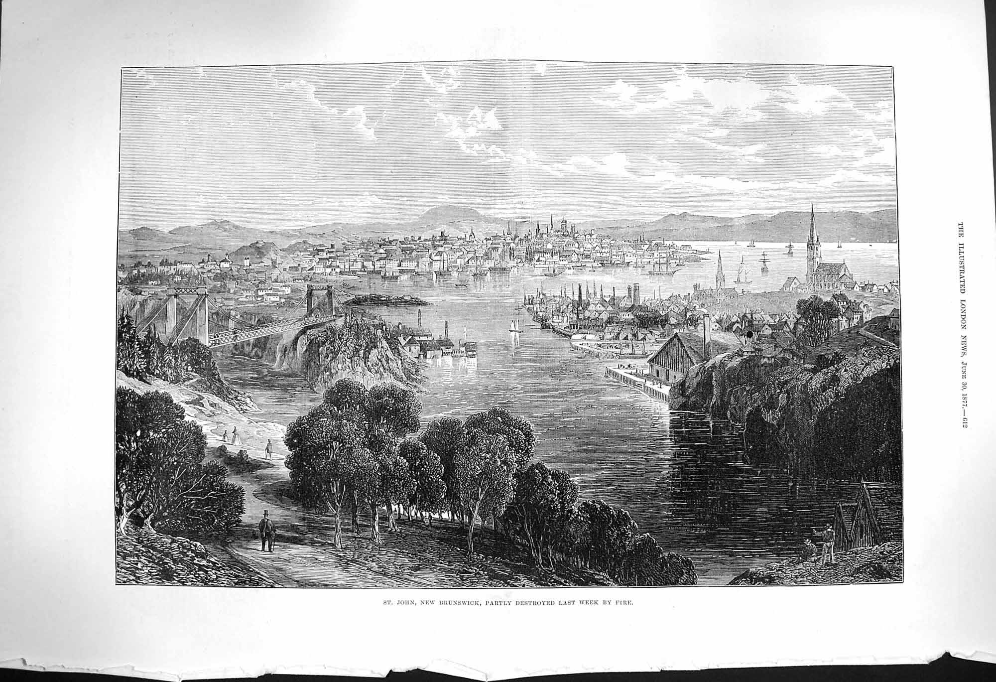 Original Old Antique Print 1877 St. John New Brunswick Houses Church Ships 19th