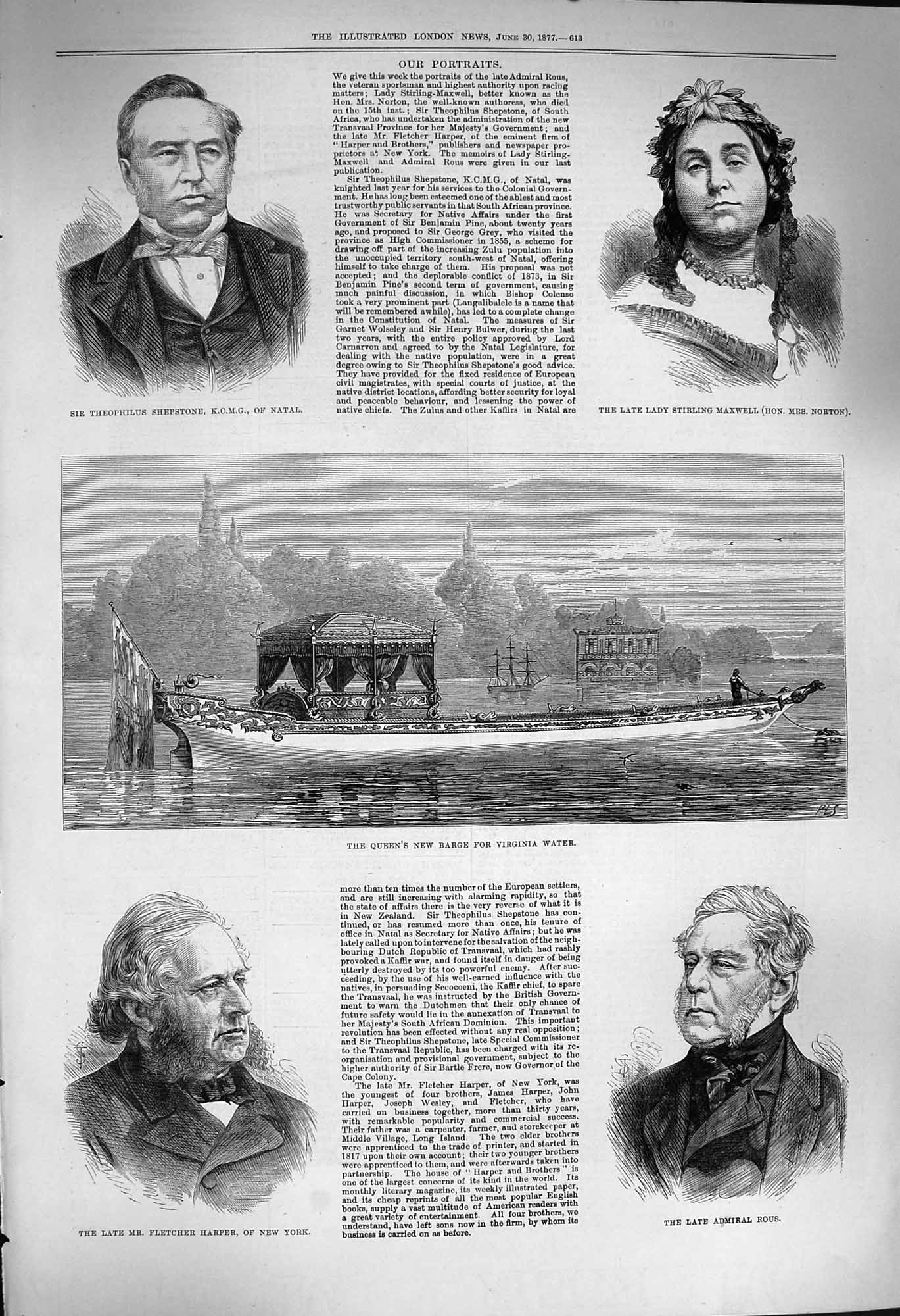 Old Antique Print 1877 Queen Barge Shepstone Maxwell Admiral Rous Harper 19th